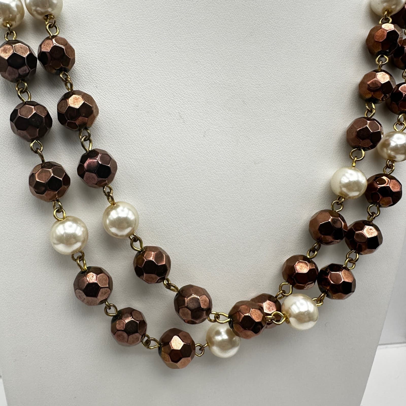 Vintage 90s White Faceted Bronze Bead Pearl Double Strand Necklace Jewelry - Thumbnail 2