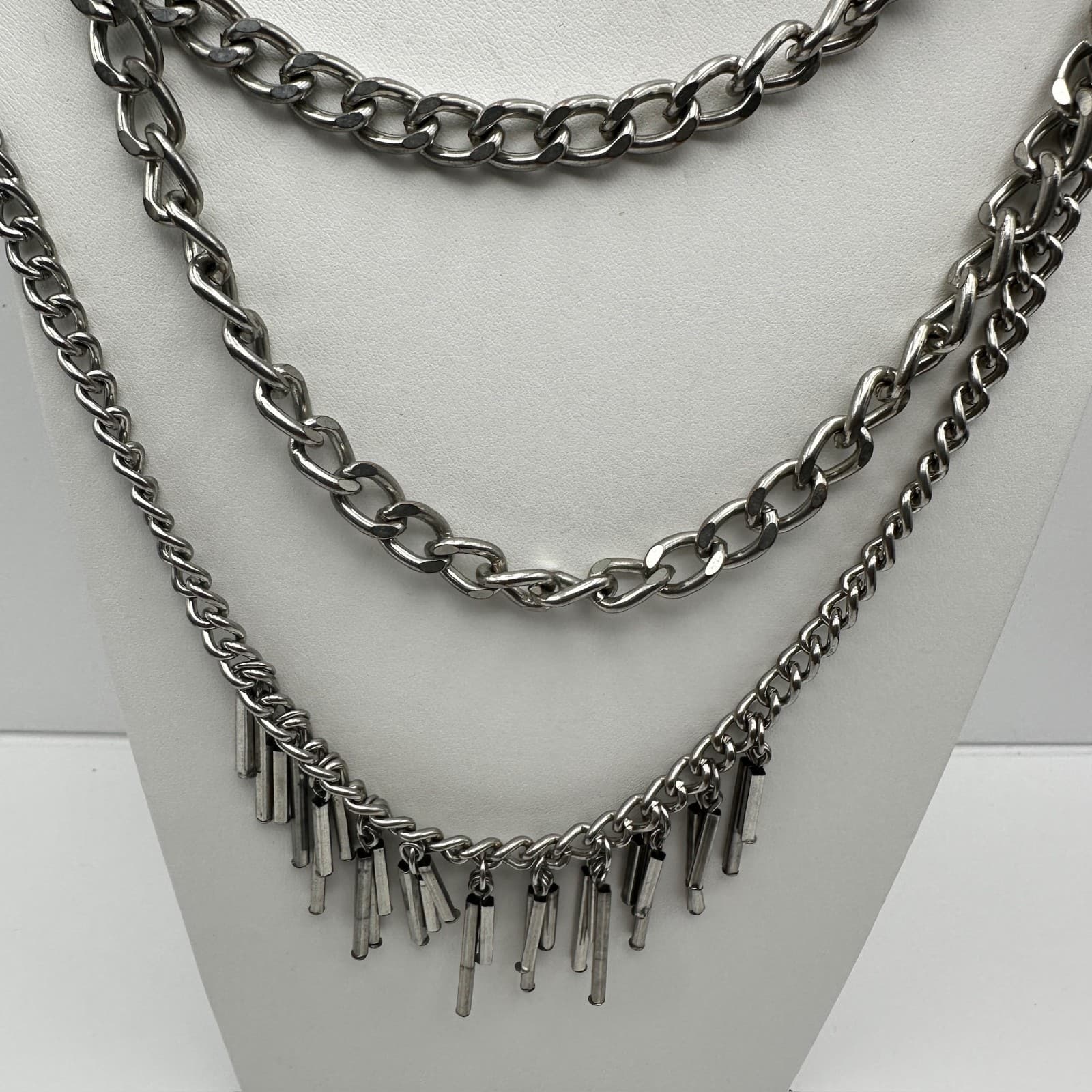 Vintage 90s Multi Layer Silver Tone Chain Necklace Industrial Bar Fringe Jewelry - Thumbnail 13