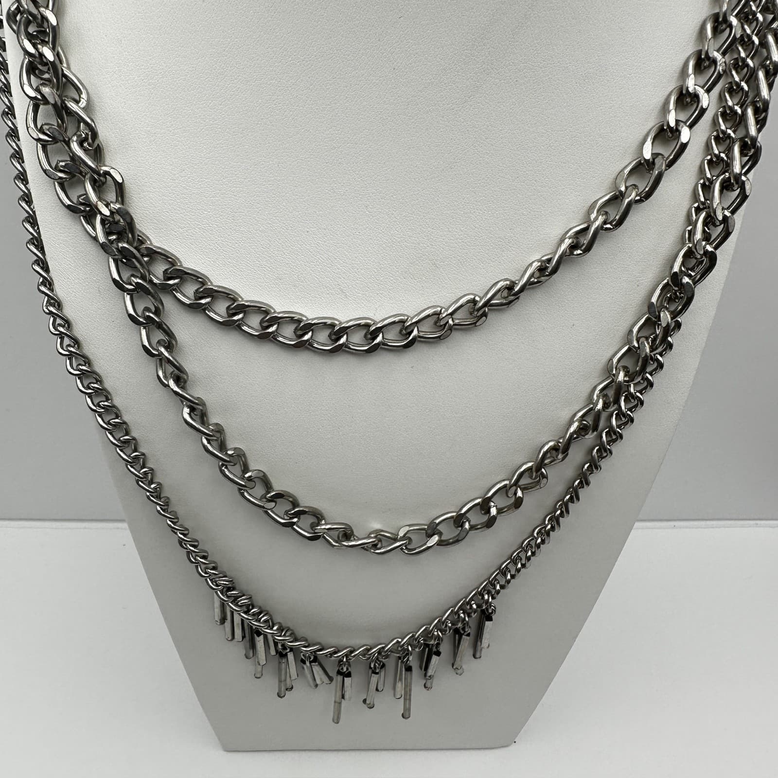 Vintage 90s Multi Layer Silver Tone Chain Necklace Industrial Bar Fringe Jewelry - Thumbnail 12