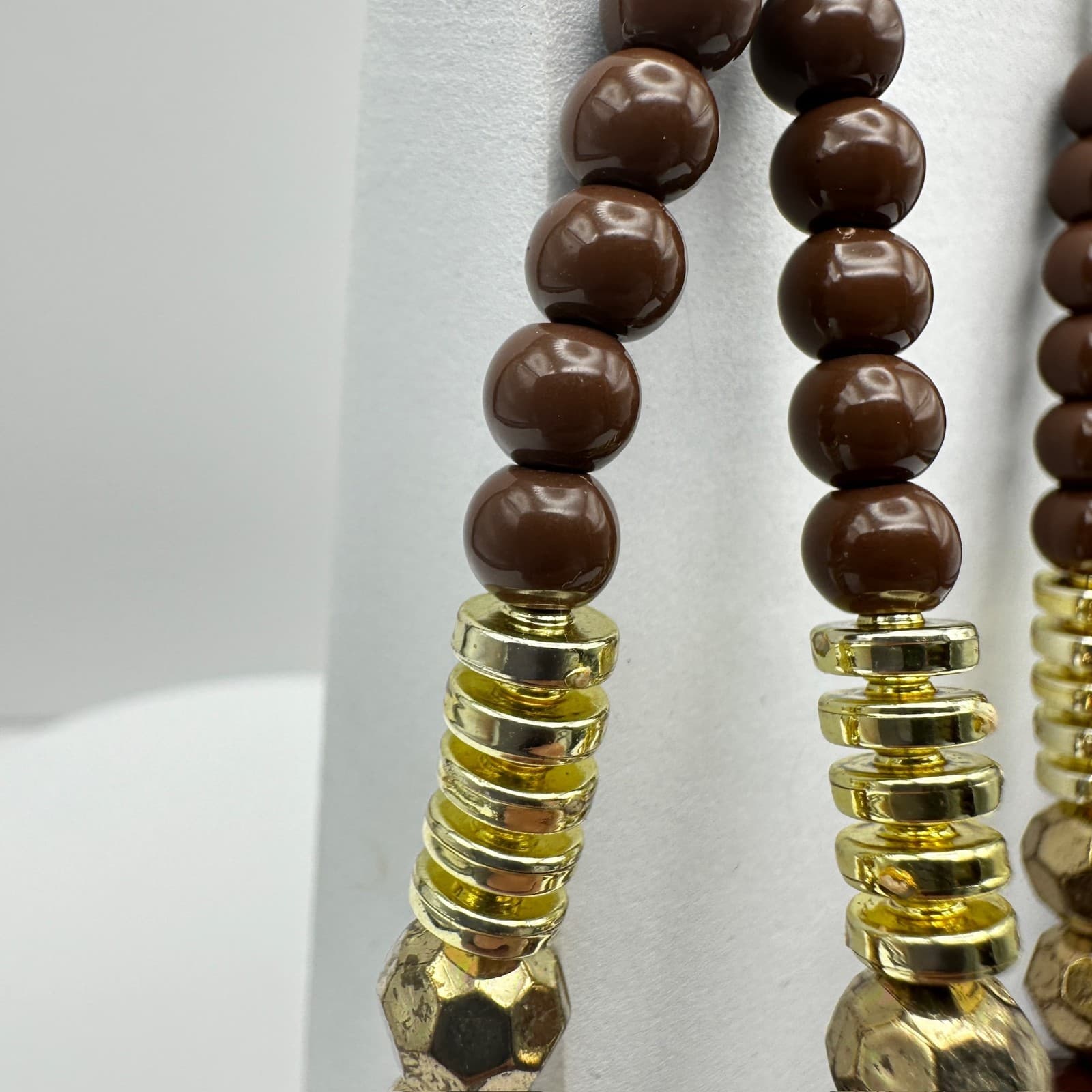 Vintage 90s Boho Brown Beaded Statement Dangle Earrings Gold Tone Large Fashion - Thumbnail 5