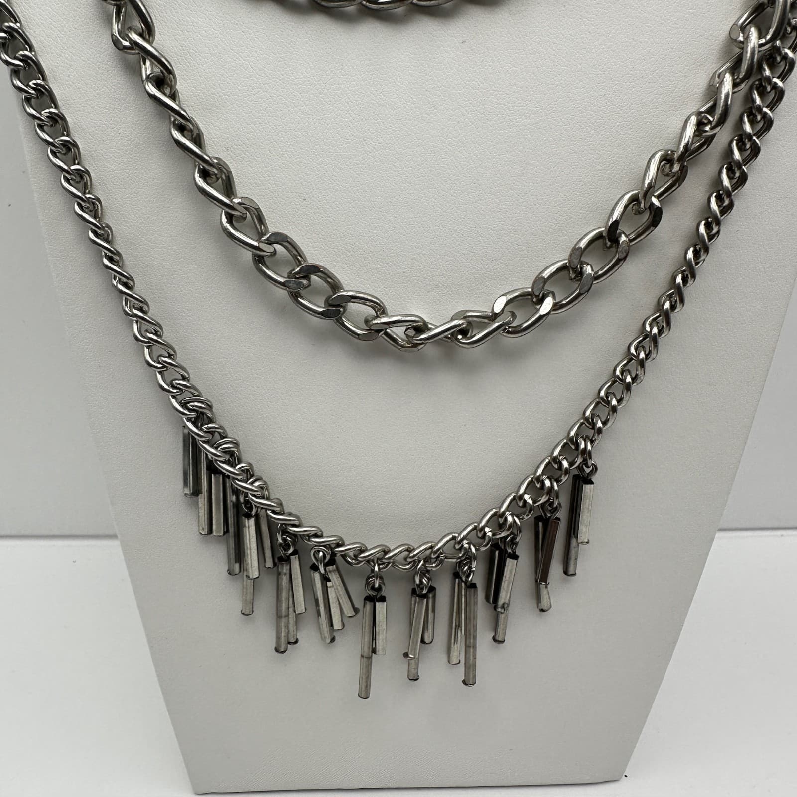 Vintage 90s Multi Layer Silver Tone Chain Necklace Industrial Bar Fringe Jewelry - Thumbnail 3