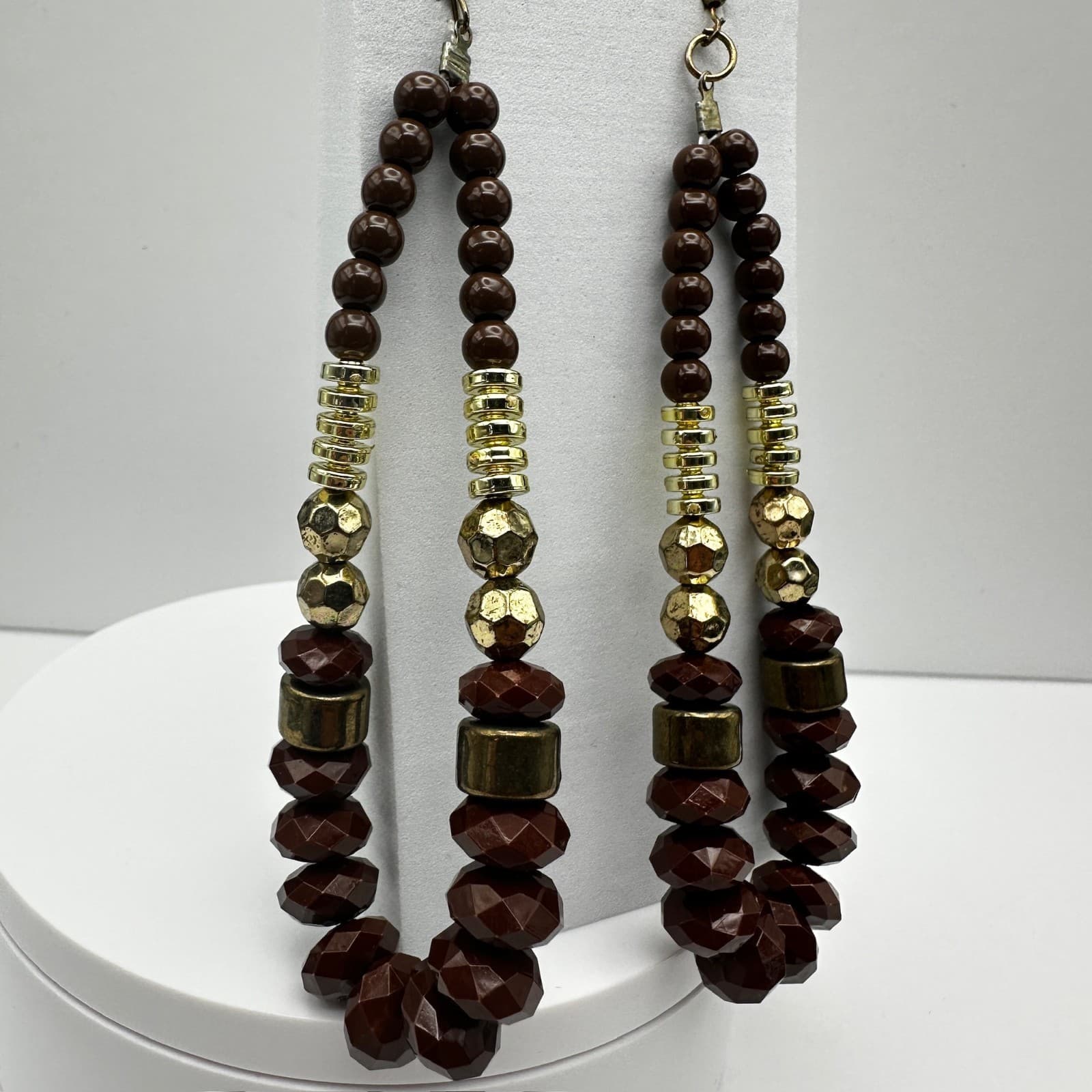 Vintage 90s Boho Brown Beaded Statement Dangle Earrings Gold Tone Large Fashion - Thumbnail 2