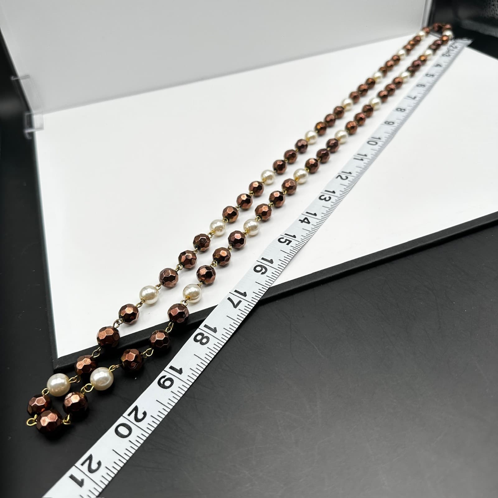 Vintage 90s White Faceted Bronze Bead Pearl Double Strand Necklace Jewelry - Thumbnail 13