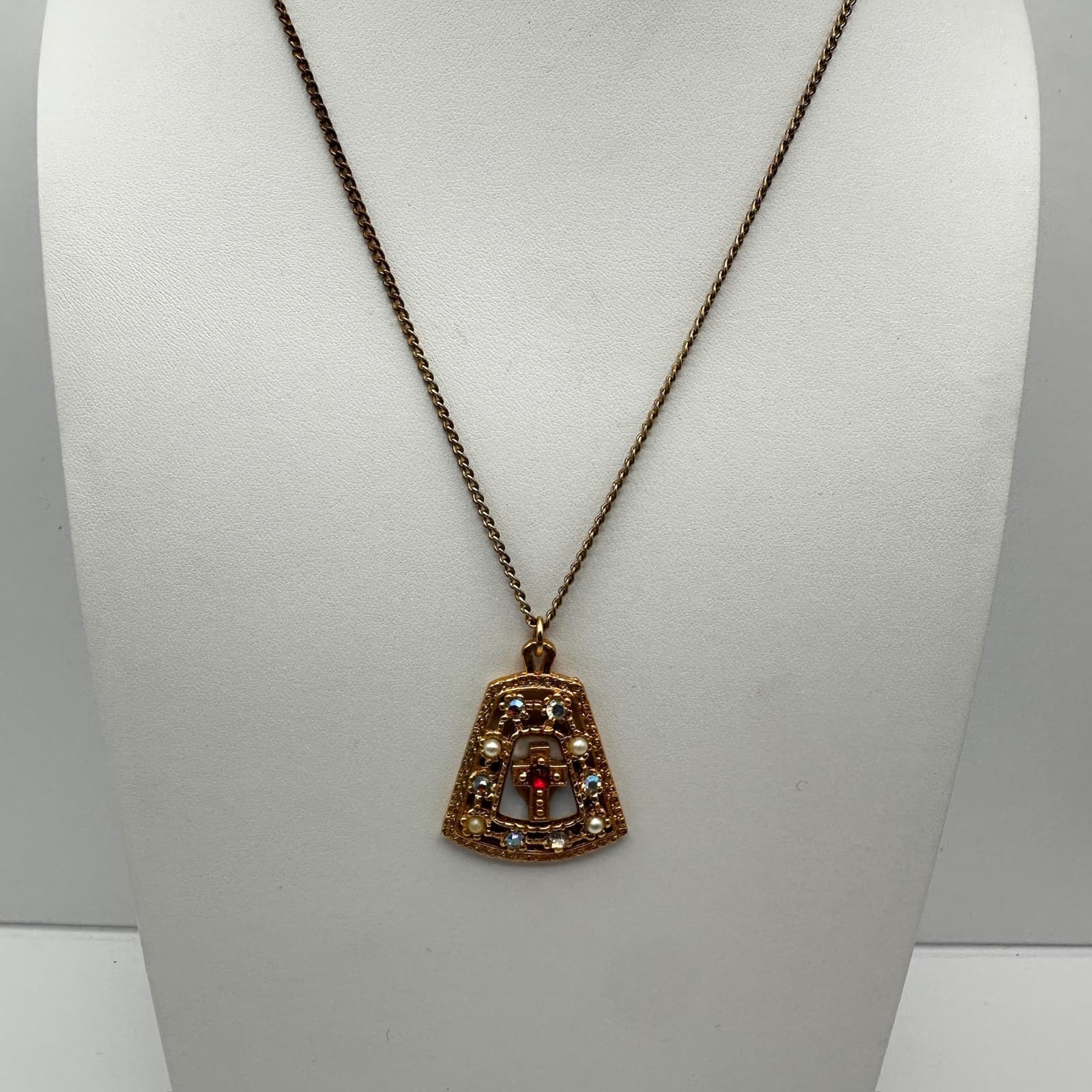 Vintage 90s Gold Tone Cross Pendant Necklace Red AB Rhinestone Faux Pearl - Thumbnail 2