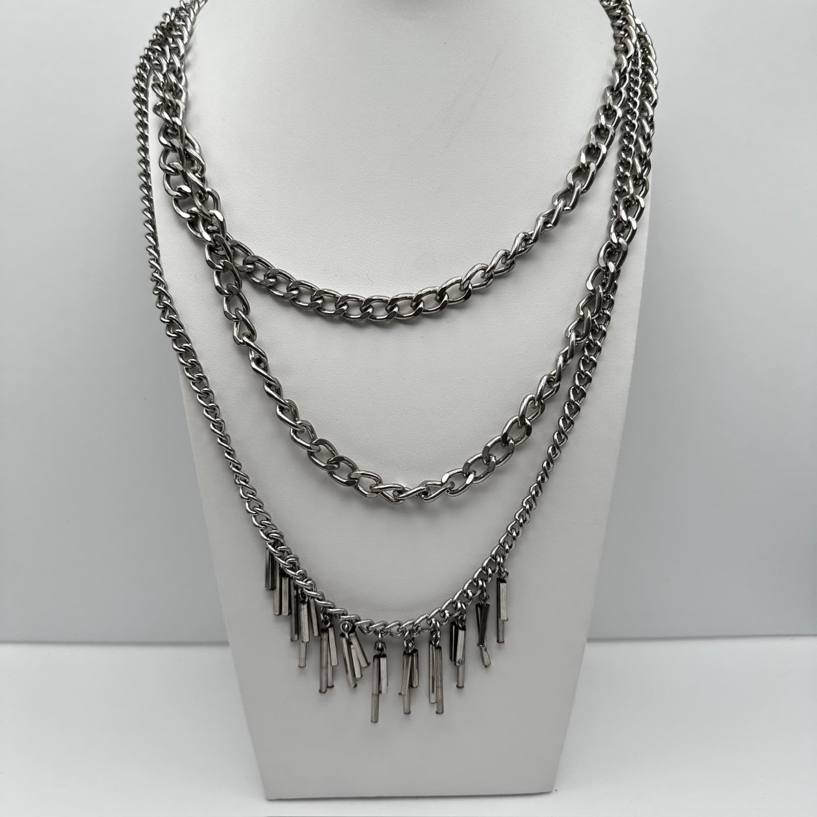 Vintage 90s Multi Layer Silver Tone Chain Necklace Industrial Bar Fringe Jewelry - Thumbnail 2