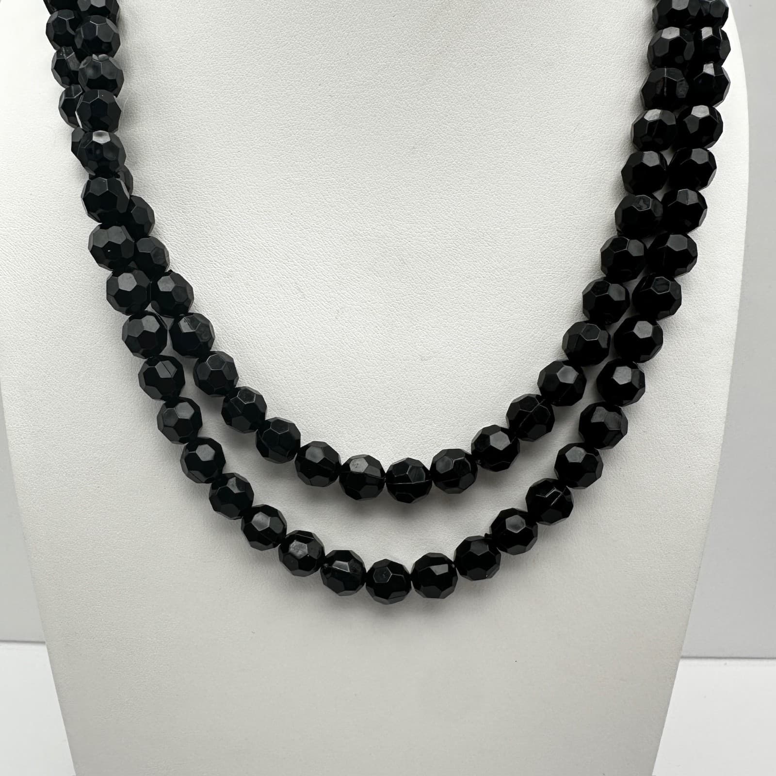 Vintage 90s Black Faceted Bead Double Strand Necklace Women's Classic Jewelry - Thumbnail 2