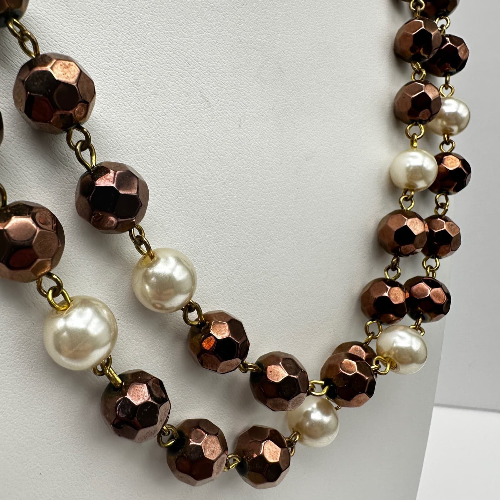 Vintage 90s White Faceted Bronze Bead Pearl Double Strand Necklace Jewelry - Thumbnail 12
