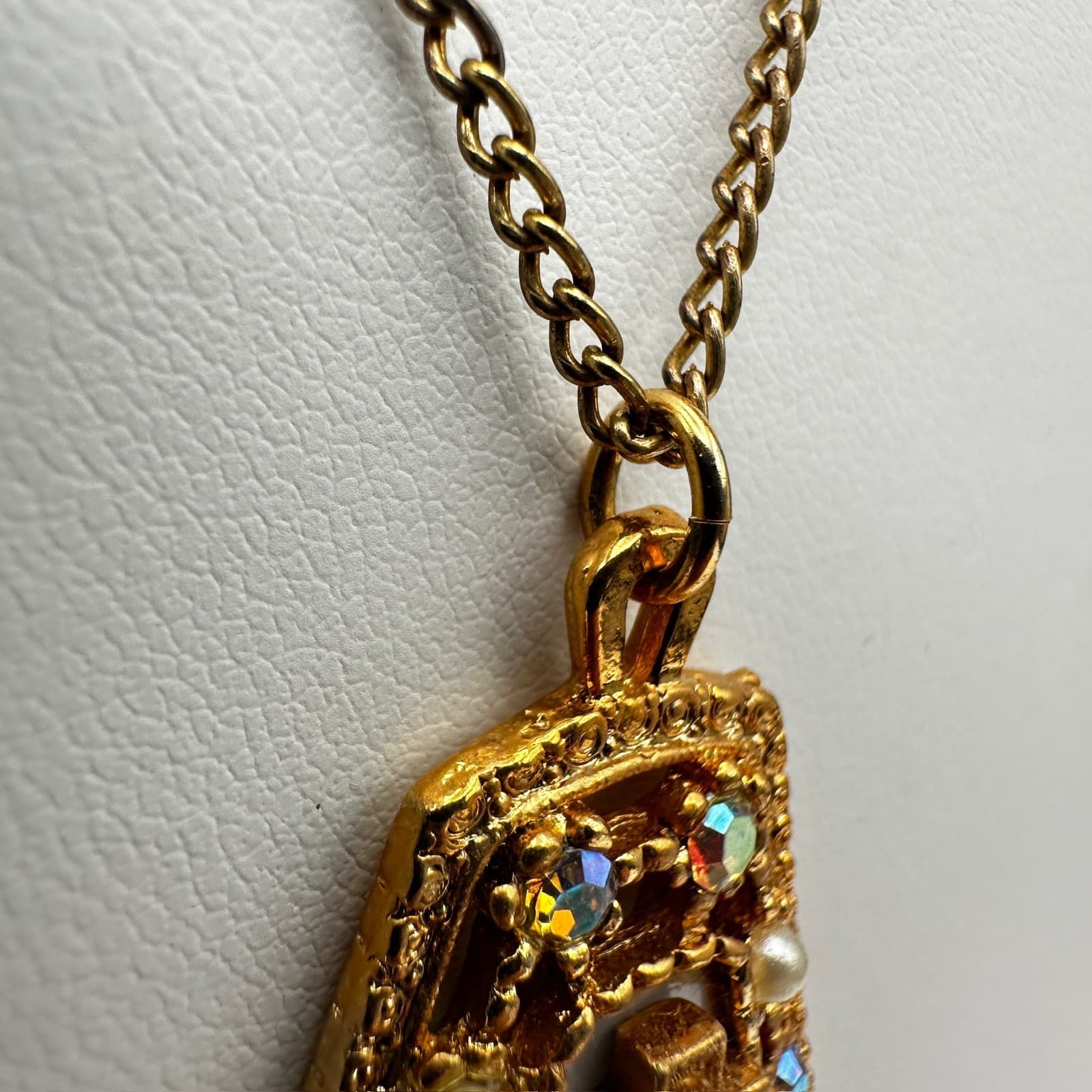 Vintage 90s Gold Tone Cross Pendant Necklace Red AB Rhinestone Faux Pearl - Thumbnail 6