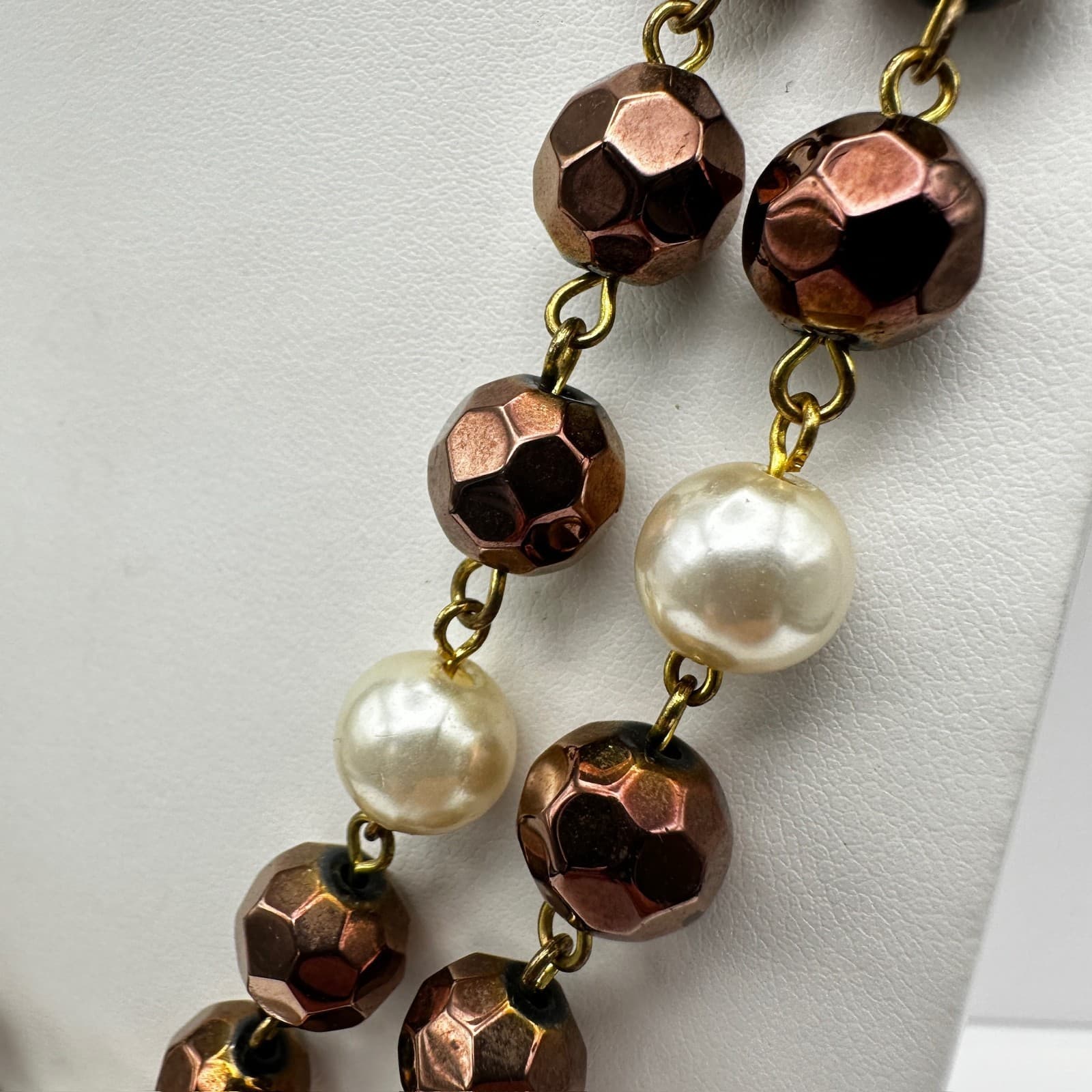 Vintage 90s White Faceted Bronze Bead Pearl Double Strand Necklace Jewelry - Thumbnail 4