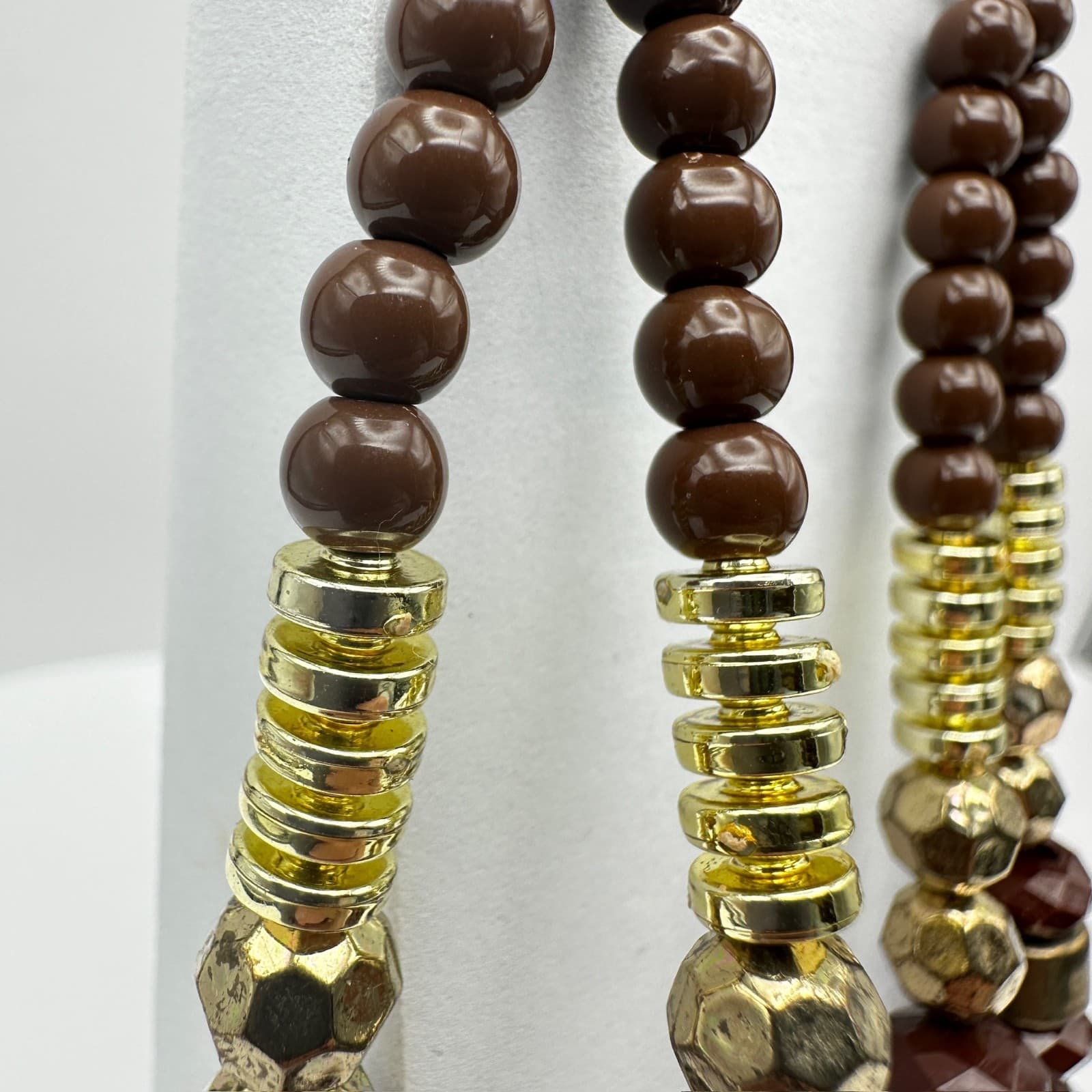 Vintage 90s Boho Brown Beaded Statement Dangle Earrings Gold Tone Large Fashion - Thumbnail 6