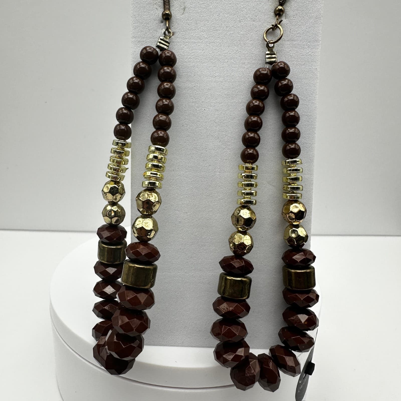 Vintage 90s Boho Brown Beaded Statement Dangle Earrings Gold Tone Large Fashion - Image 1