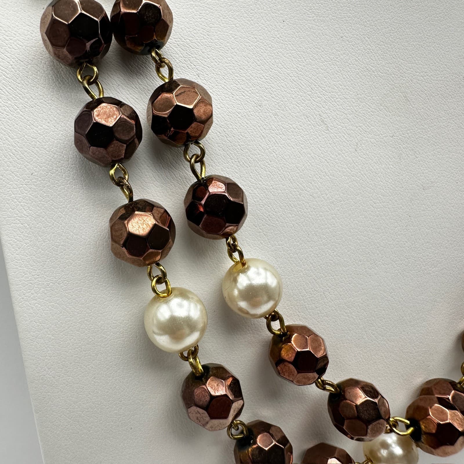 Vintage 90s White Faceted Bronze Bead Pearl Double Strand Necklace Jewelry - Thumbnail 3