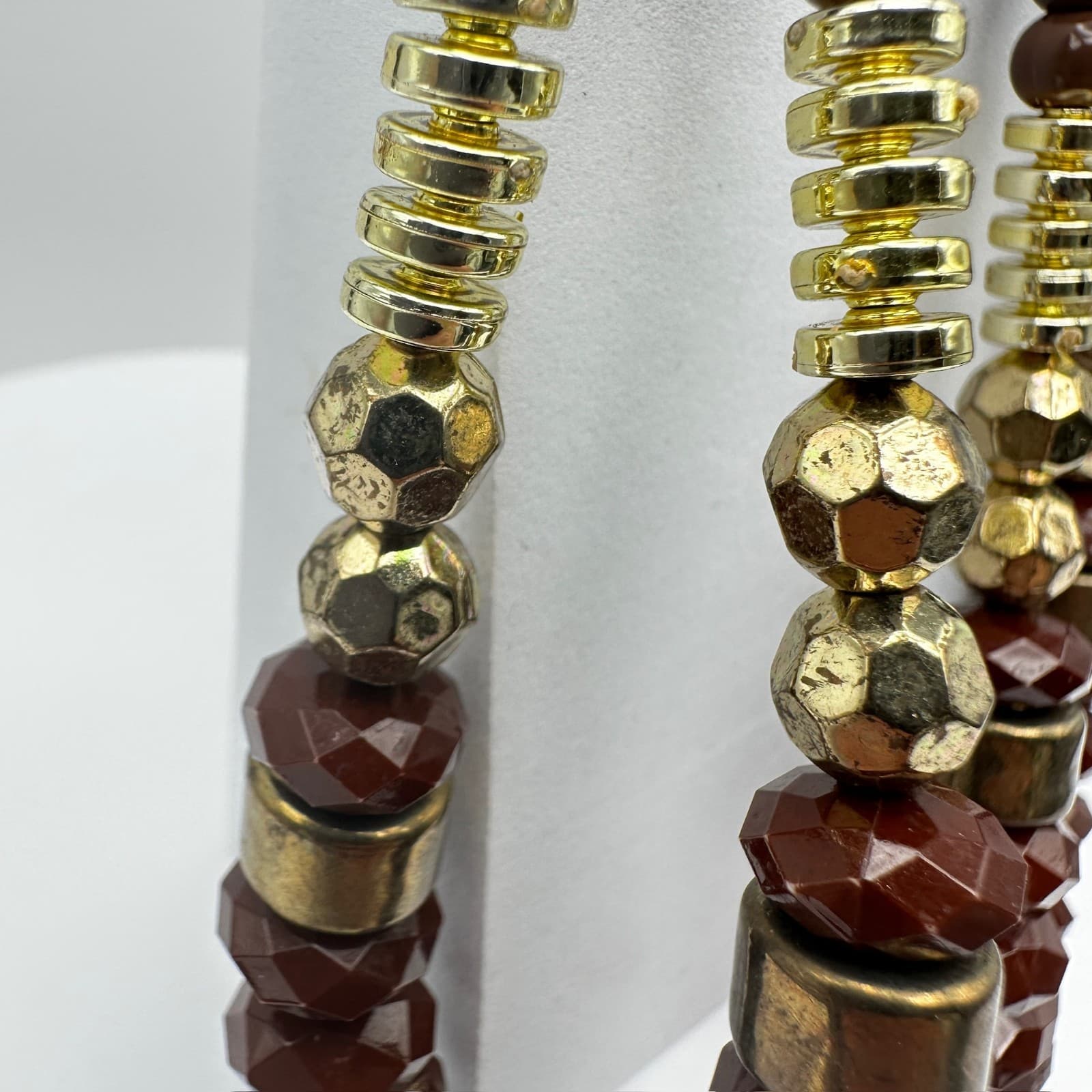 Vintage 90s Boho Brown Beaded Statement Dangle Earrings Gold Tone Large Fashion - Thumbnail 4