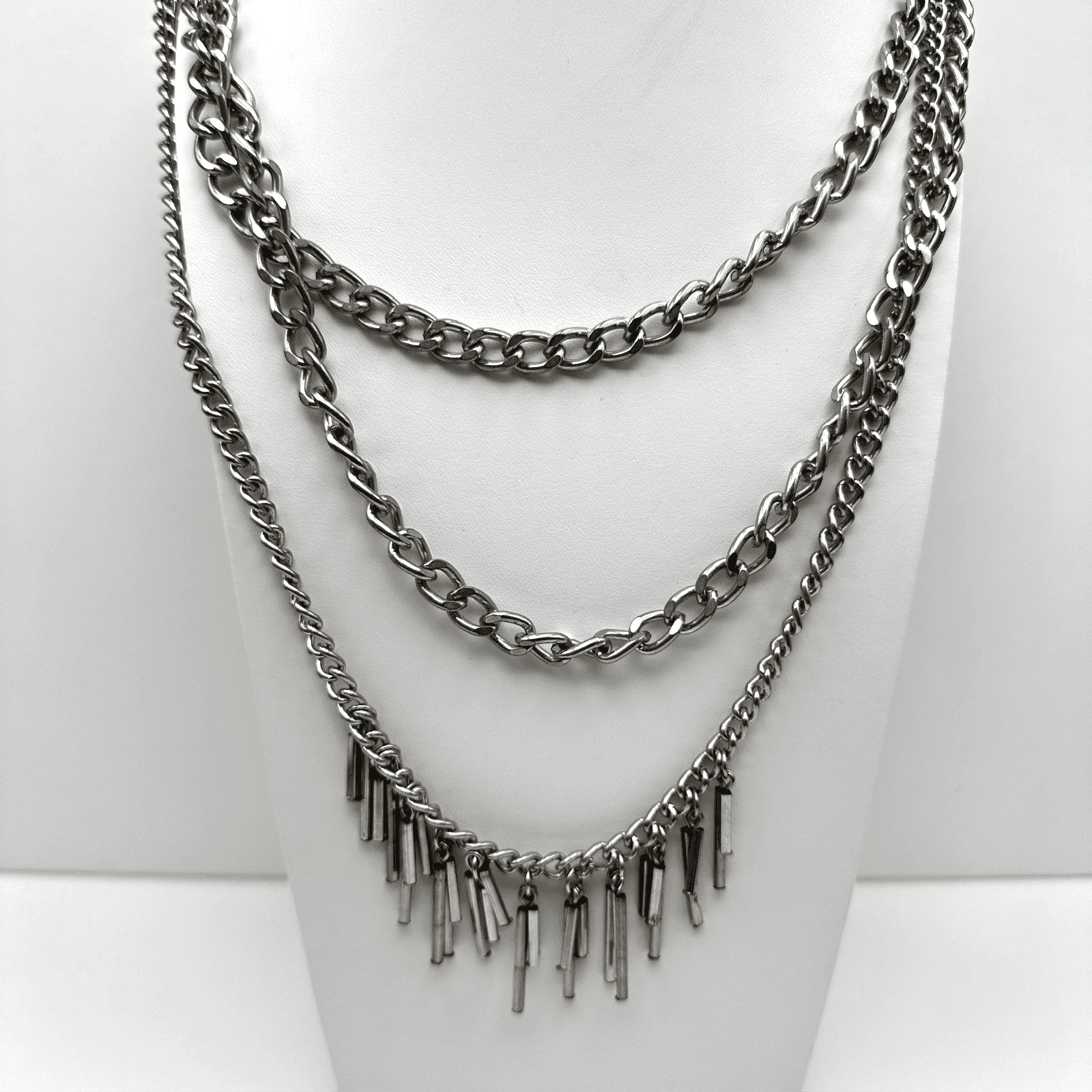 Vintage 90s Multi Layer Silver Tone Chain Necklace Industrial Bar Fringe Jewelry - Image 1