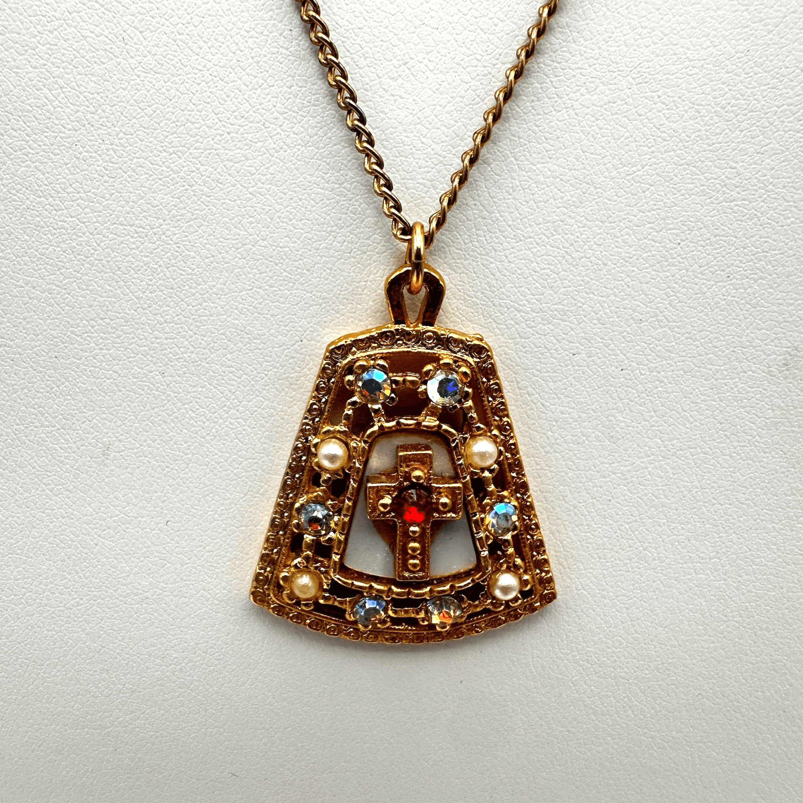 Vintage 90s Gold Tone Cross Pendant Necklace Red AB Rhinestone Faux Pearl - Image 1