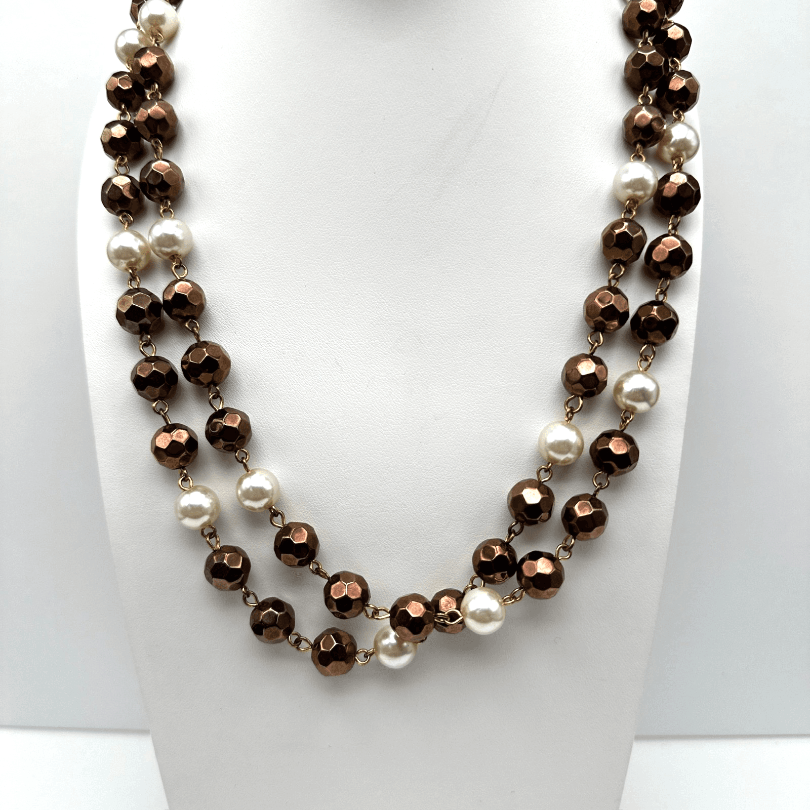 Vintage 90s White Faceted Bronze Bead Pearl Double Strand Necklace Jewelry - Image 1