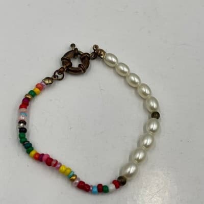 Vintage 3pc Beaded Bracelet Set Faux Pearl Eiffel Tower Charm Boho Multi Strand - Thumbnail 2