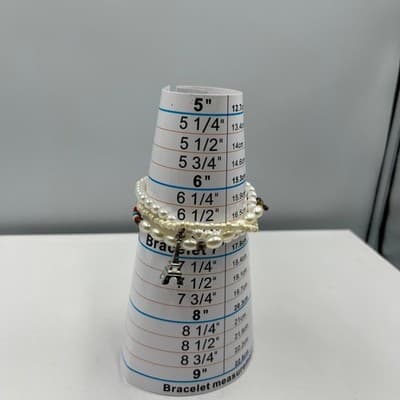 Vintage 3pc Beaded Bracelet Set Faux Pearl Eiffel Tower Charm Boho Multi Strand - Thumbnail 9