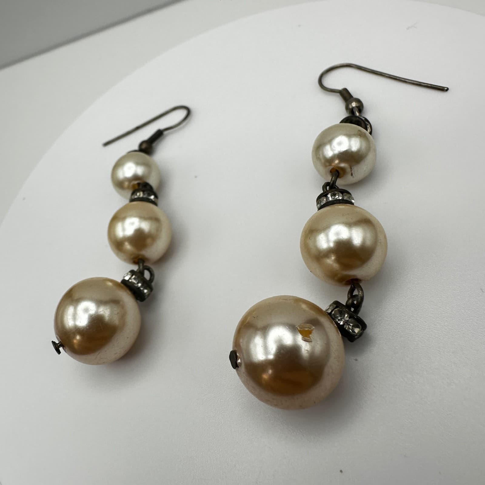 Vintage 90s Faux Pearl Drop Earrings Silver Tone Crystal Accents Jewelry - Thumbnail 8