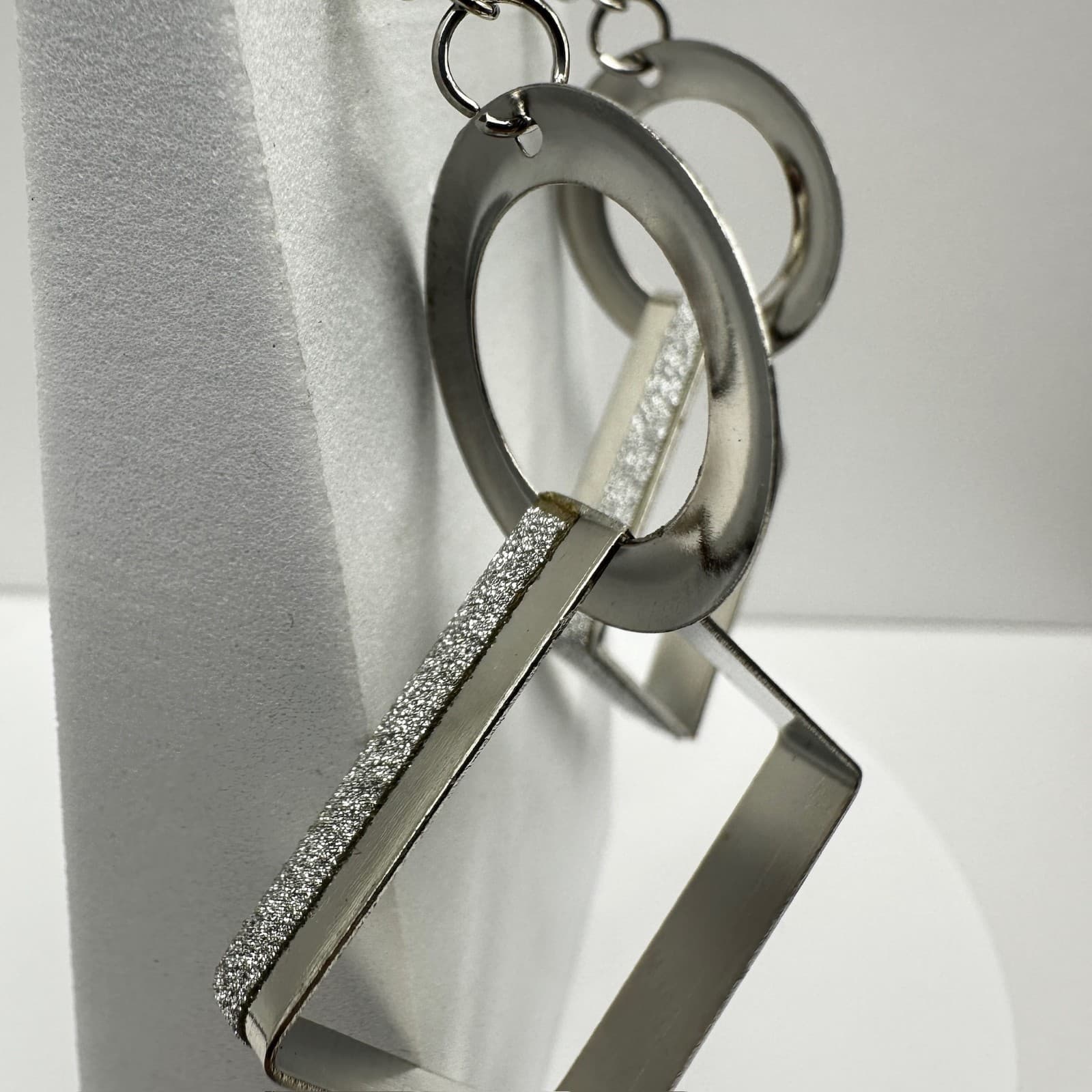 Vintage 90s Silver Tone Geometric Drop Dangle Earrings Textured Square Jewelry - Thumbnail 6