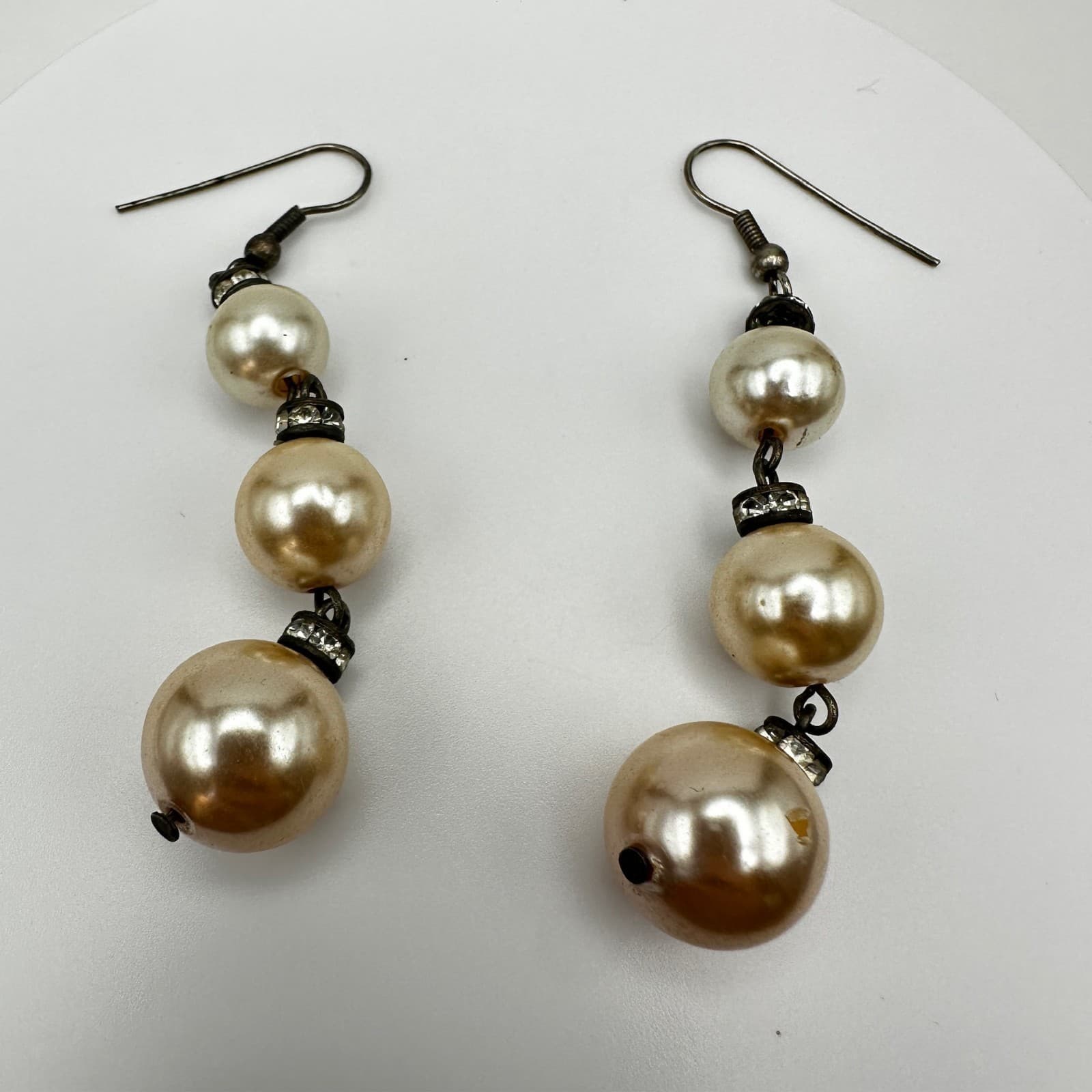 Vintage 90s Faux Pearl Drop Earrings Silver Tone Crystal Accents Jewelry - Thumbnail 9