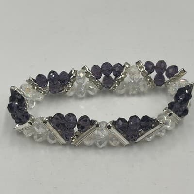 Vintage Set of 2 Beaded Stretch Bracelet Purple Blue Faceted Crystal Silver Tone - Thumbnail 2