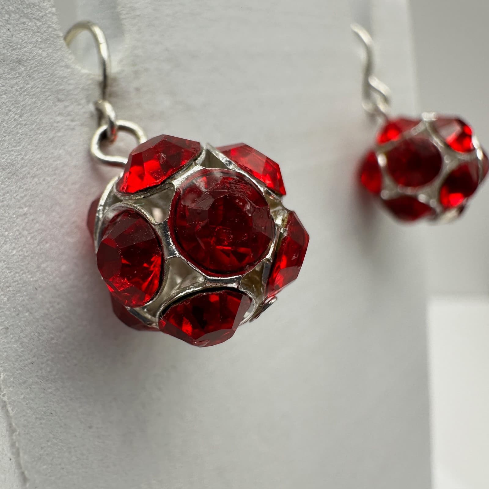 Vintage 90s Red Crystal Disco Ball Earrings Silver Tone Jewelry Hook Dangle - Thumbnail 3