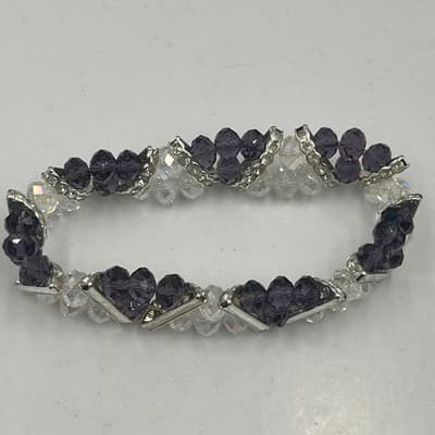 Vintage Set of 2 Beaded Stretch Bracelet Purple Blue Faceted Crystal Silver Tone - Thumbnail 3