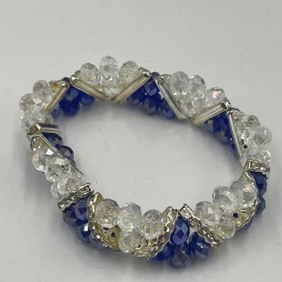 Vintage Set of 2 Beaded Stretch Bracelet Purple Blue Faceted Crystal Silver Tone - Thumbnail 4