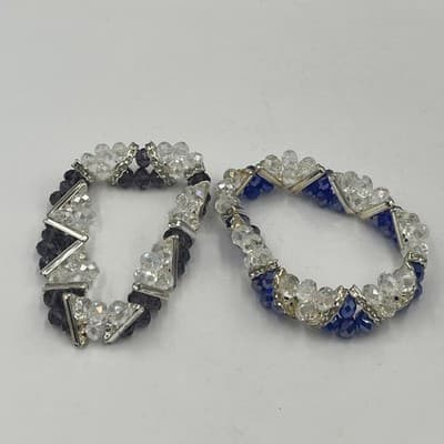 Vintage Set of 2 Beaded Stretch Bracelet Purple Blue Faceted Crystal Silver Tone - Thumbnail 6