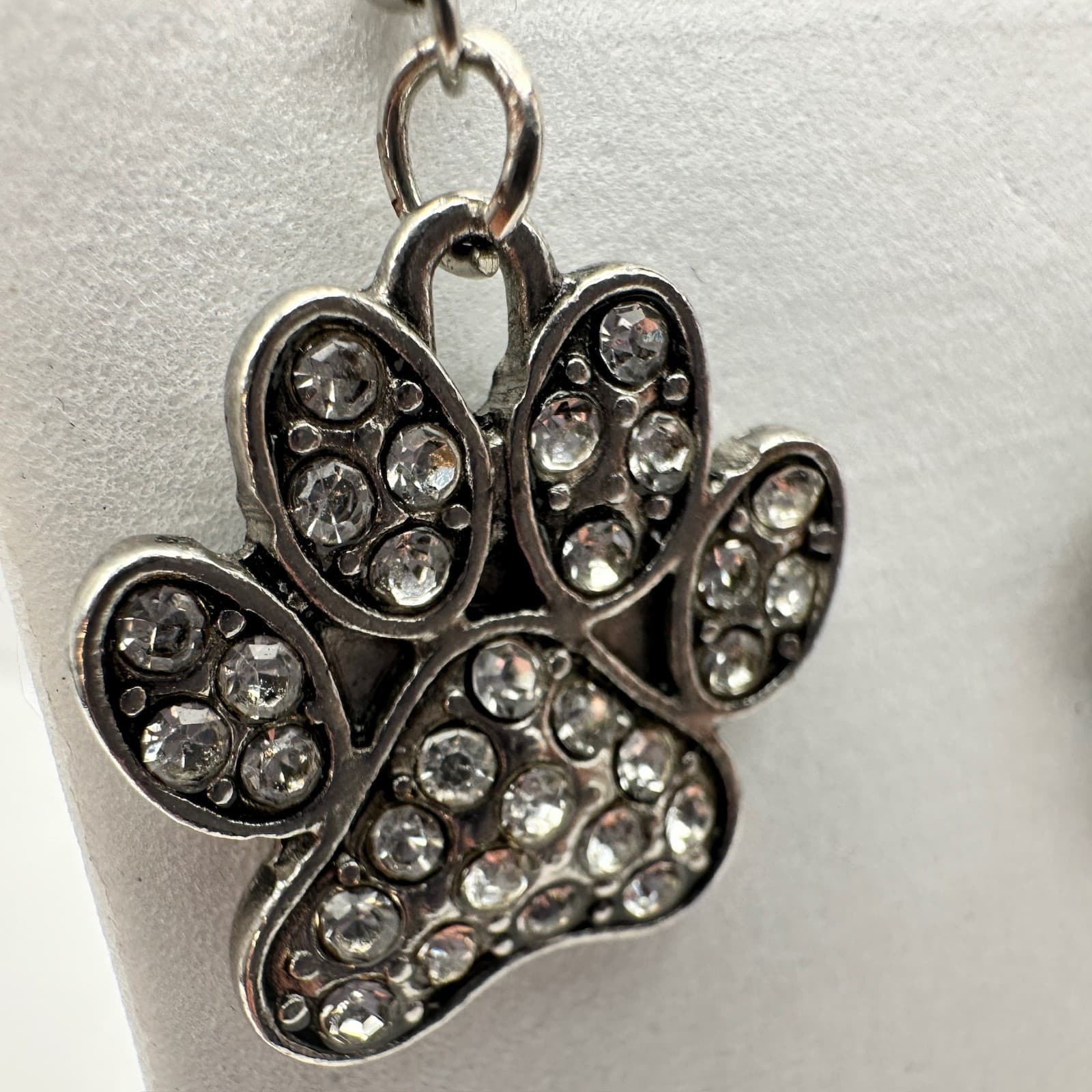 Vintage 90s Dog Paw Jewelry Silver Tone Crystal Animal Print Hook Earrings - Thumbnail 5