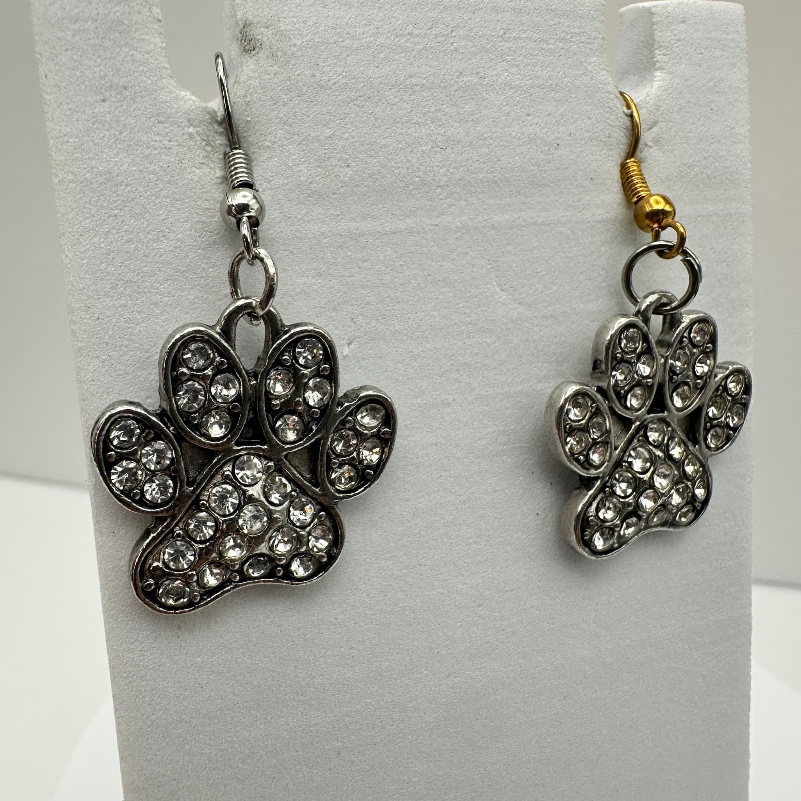 Vintage 90s Dog Paw Jewelry Silver Tone Crystal Animal Print Hook Earrings - Thumbnail 2