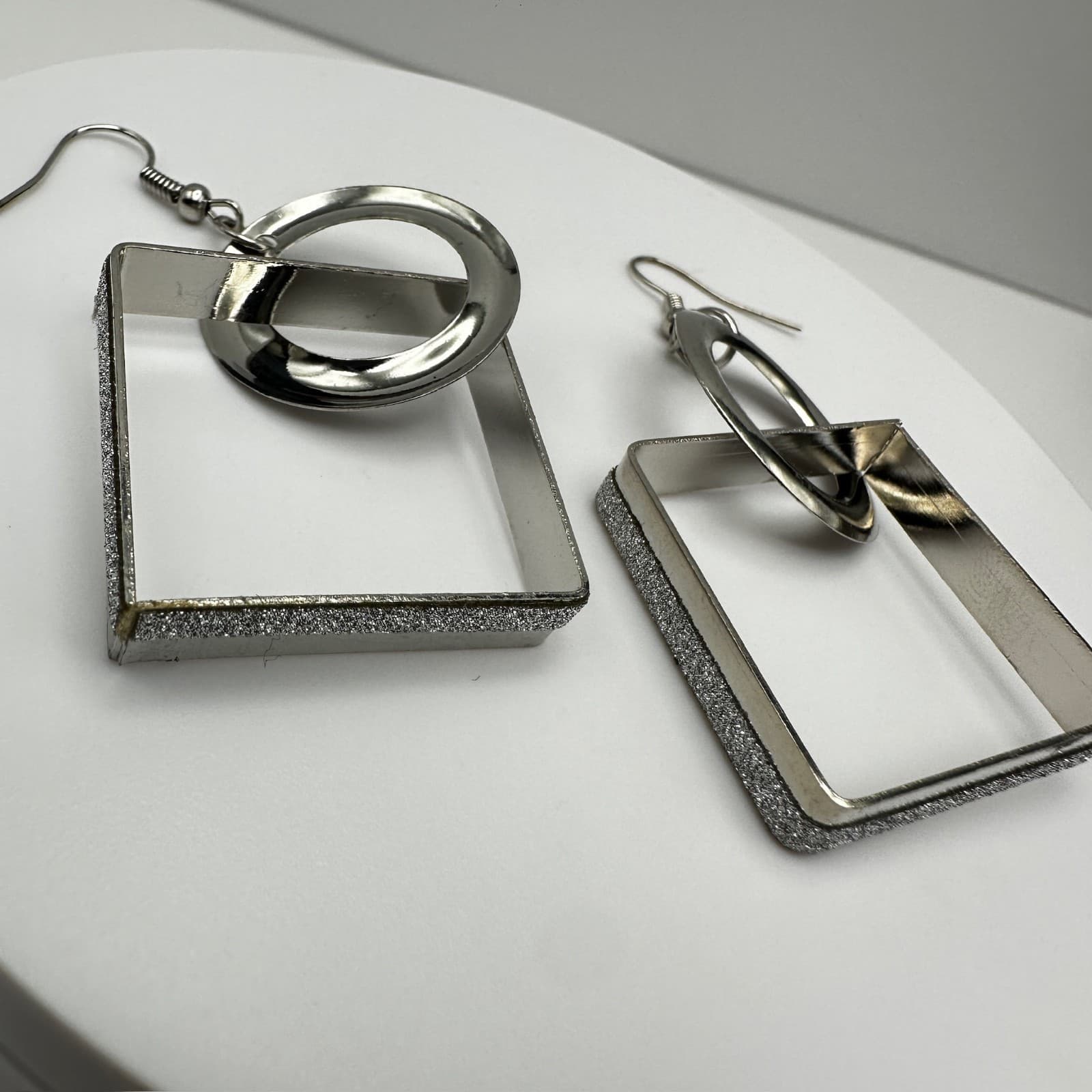 Vintage 90s Silver Tone Geometric Drop Dangle Earrings Textured Square Jewelry - Thumbnail 11