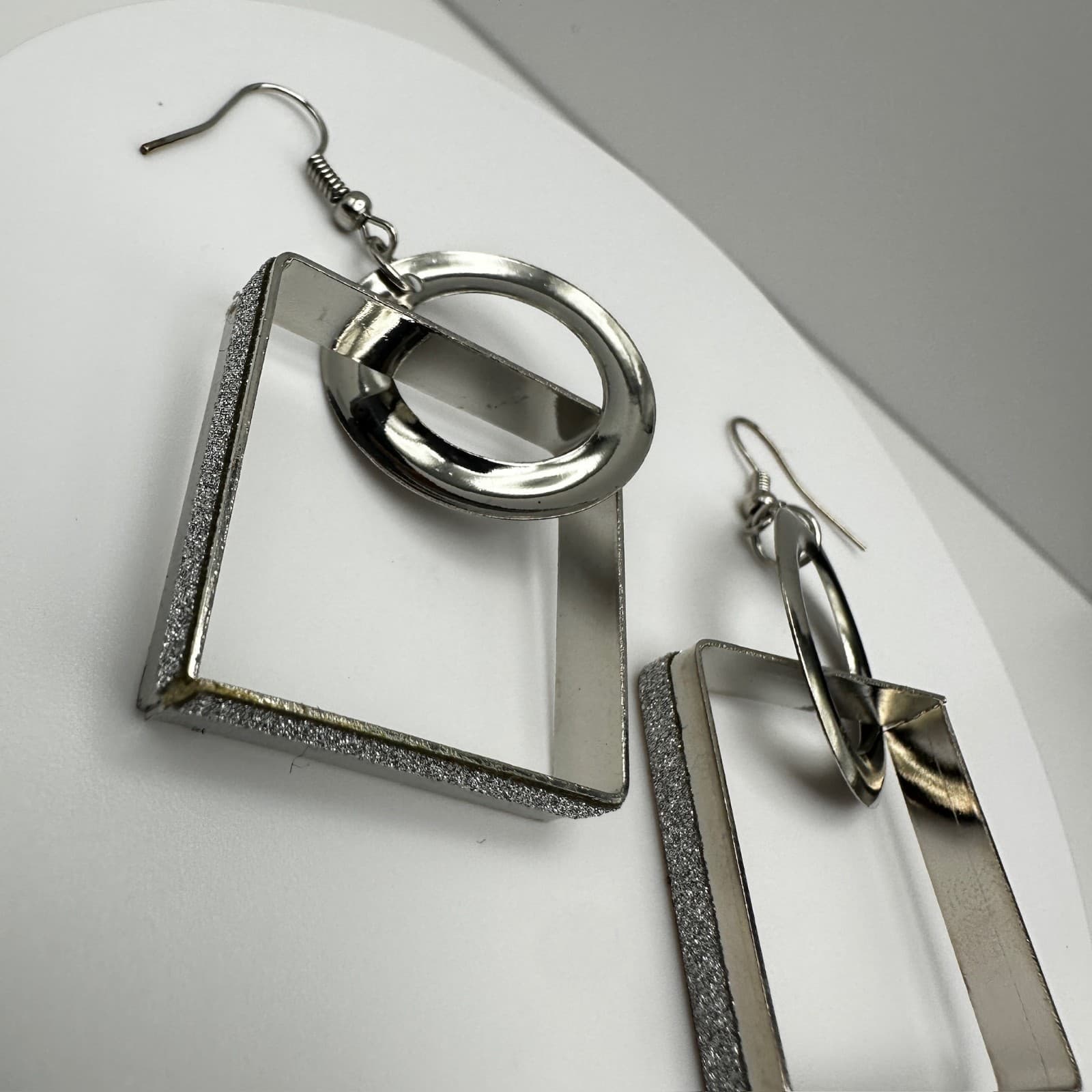 Vintage 90s Silver Tone Geometric Drop Dangle Earrings Textured Square Jewelry - Thumbnail 12