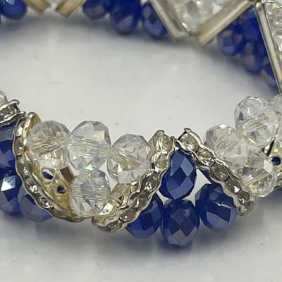 Vintage Set of 2 Beaded Stretch Bracelet Purple Blue Faceted Crystal Silver Tone - Thumbnail 5