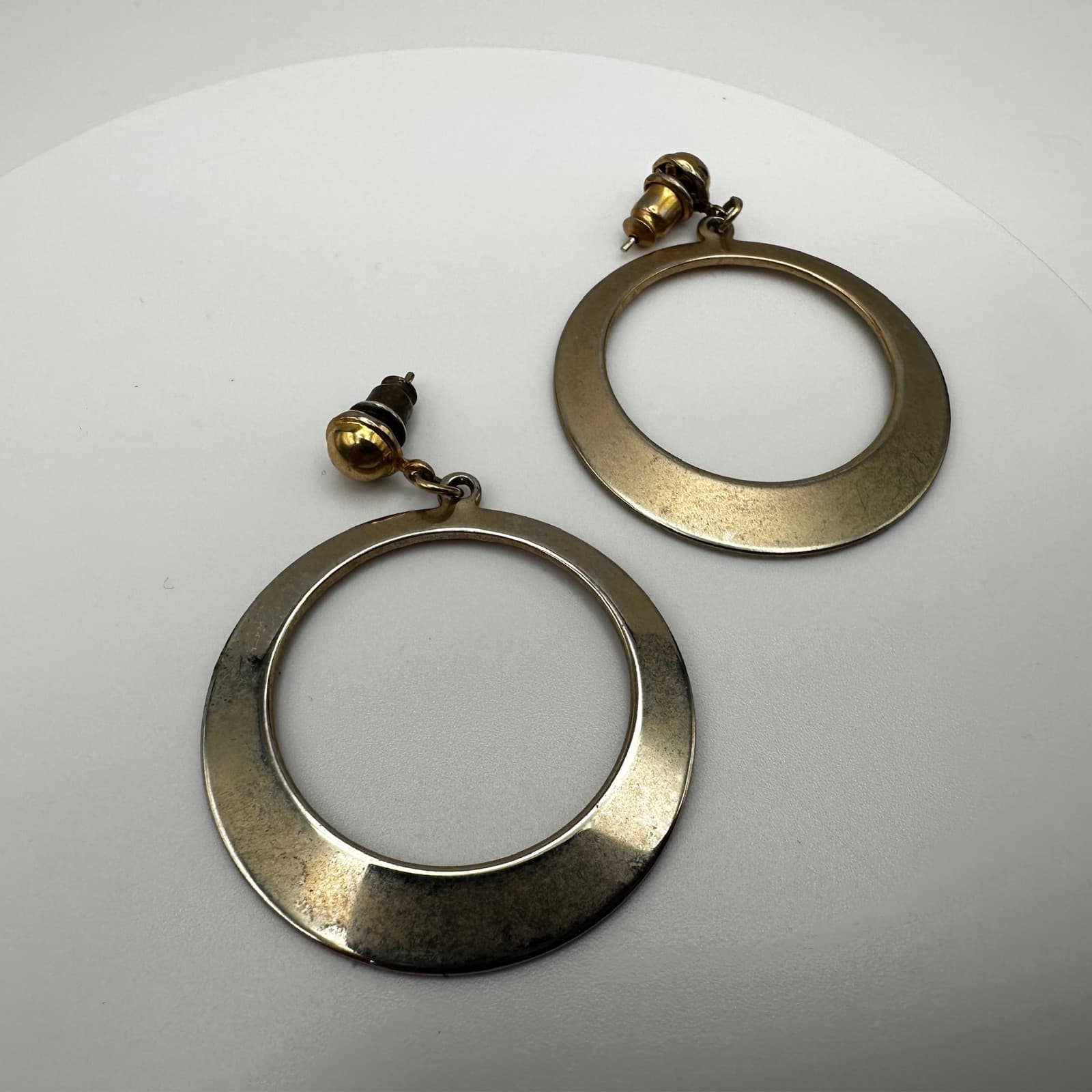 Vintage 80s Gold Tone Tapered Hoop Dangle Earrings Statement Women's Jewelry - Thumbnail 6