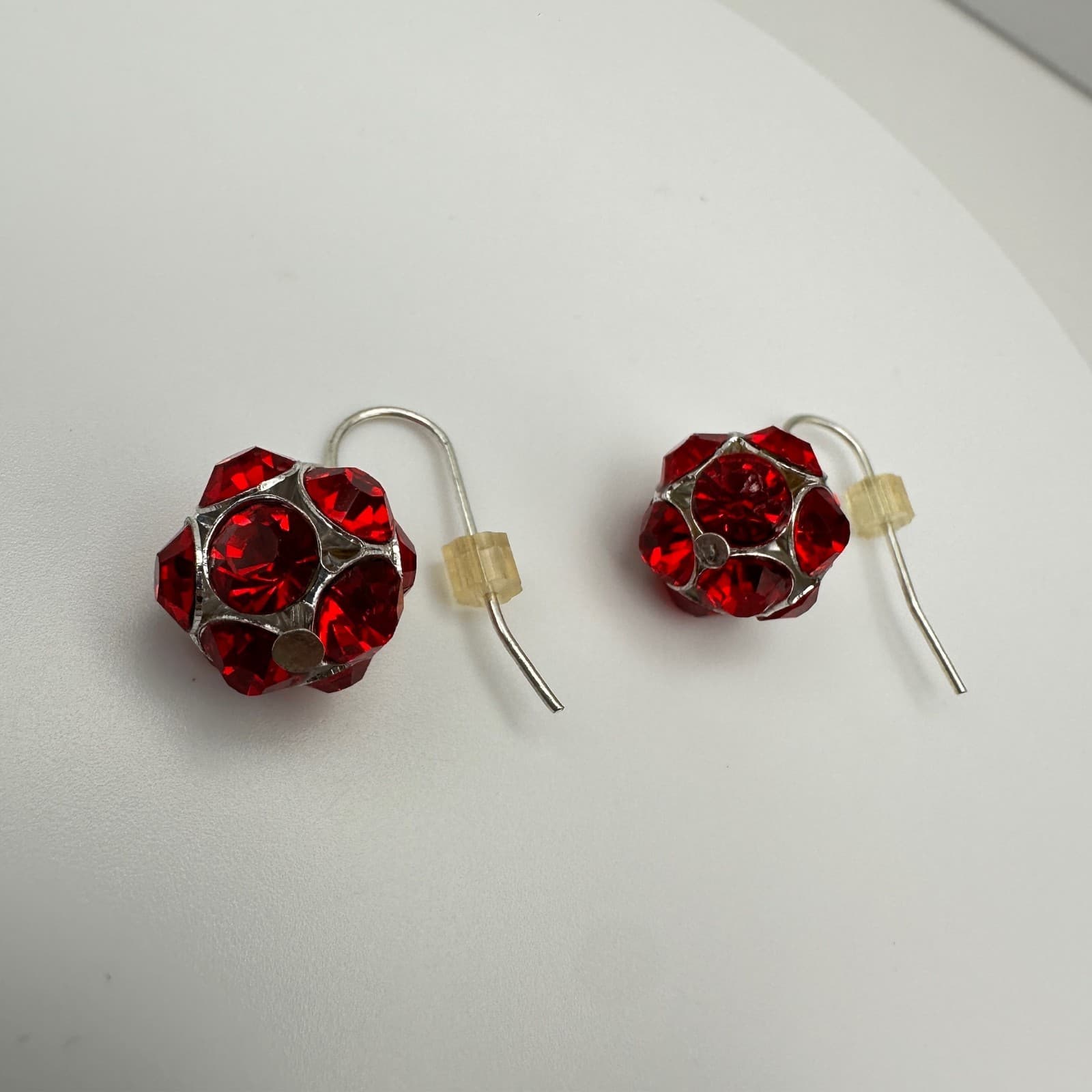 Vintage 90s Red Crystal Disco Ball Earrings Silver Tone Jewelry Hook Dangle - Thumbnail 8