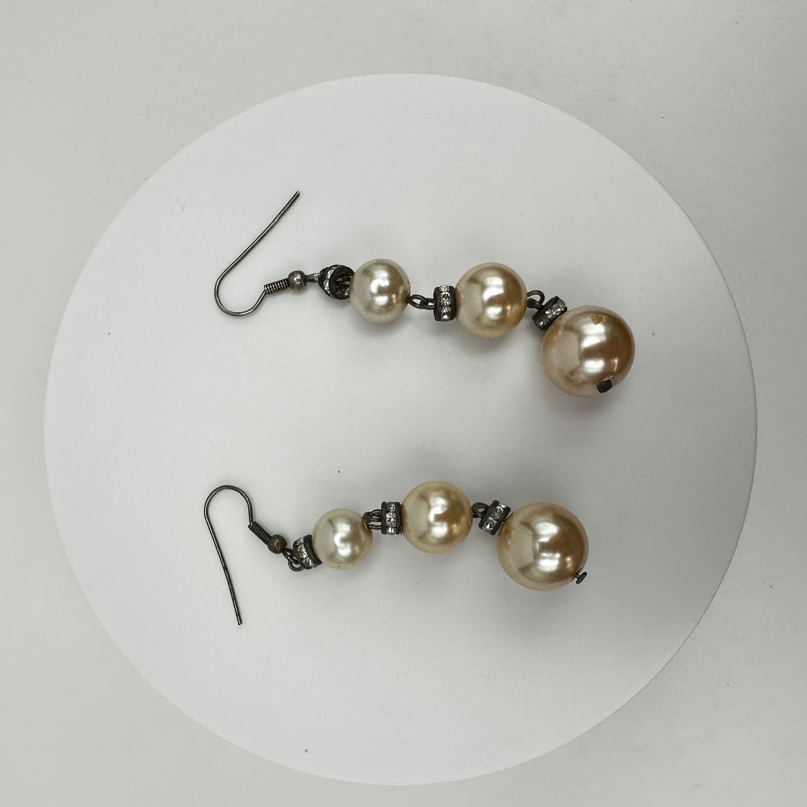 Vintage 90s Faux Pearl Drop Earrings Silver Tone Crystal Accents Jewelry - Thumbnail 7