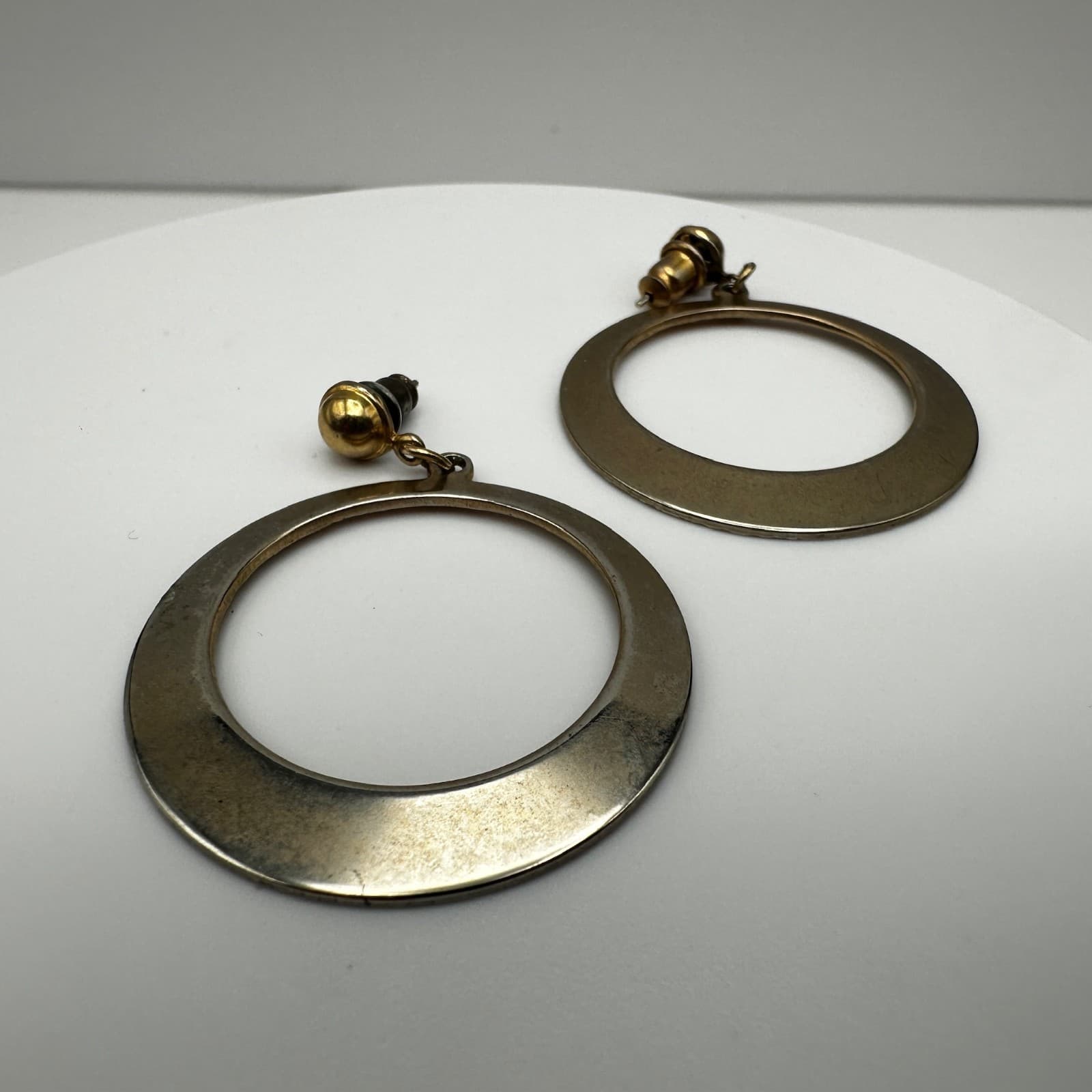 Vintage 80s Gold Tone Tapered Hoop Dangle Earrings Statement Women's Jewelry - Thumbnail 5