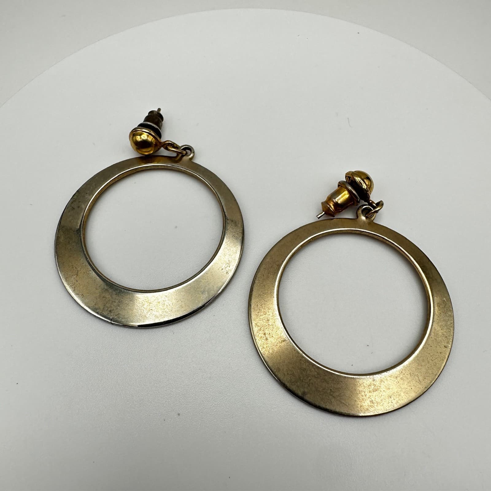 Vintage 80s Gold Tone Tapered Hoop Dangle Earrings Statement Women's Jewelry - Thumbnail 2