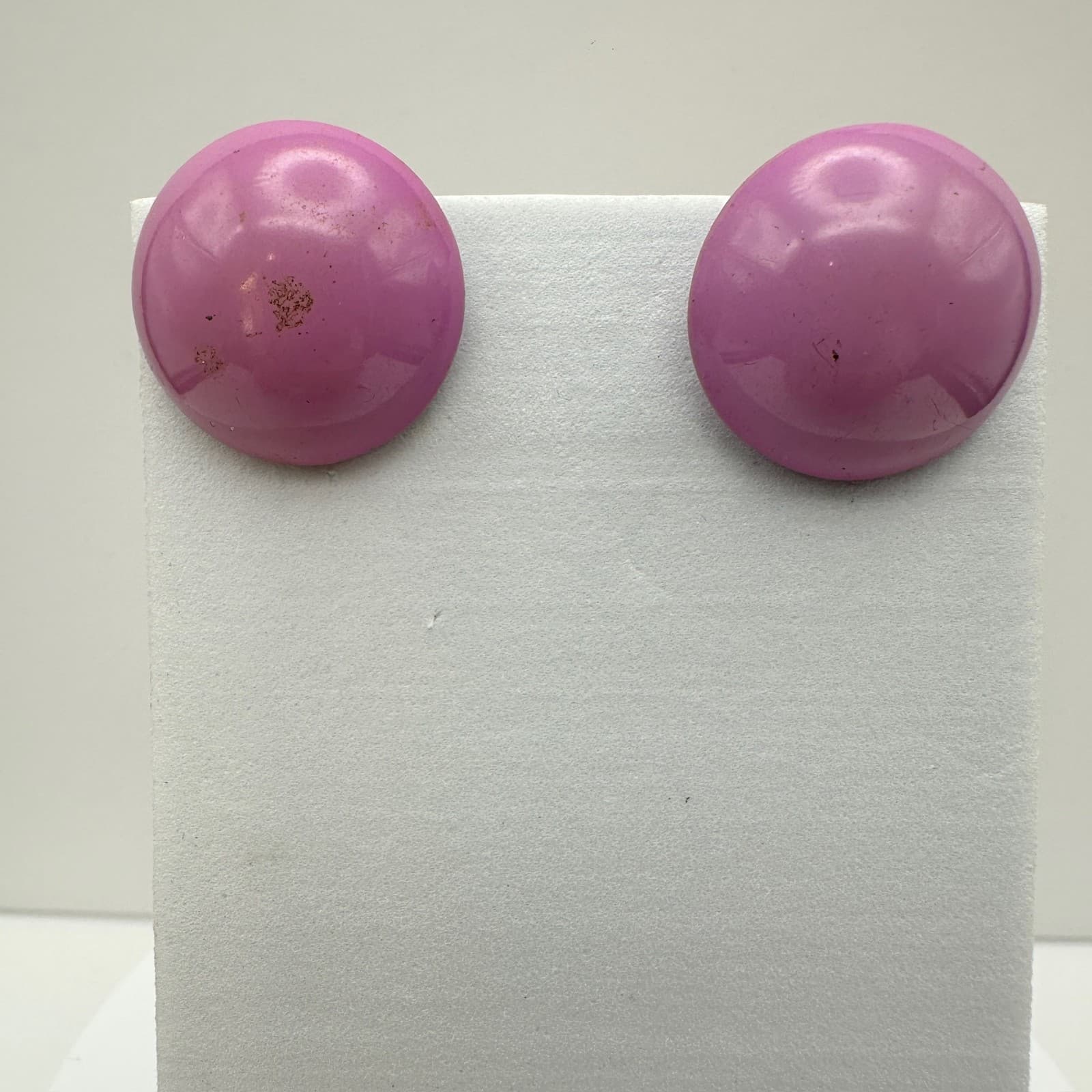 Vintage 80s Purple Enamel Button Earrings Large Round Stud Pink Lavender Jewelry - Image 1