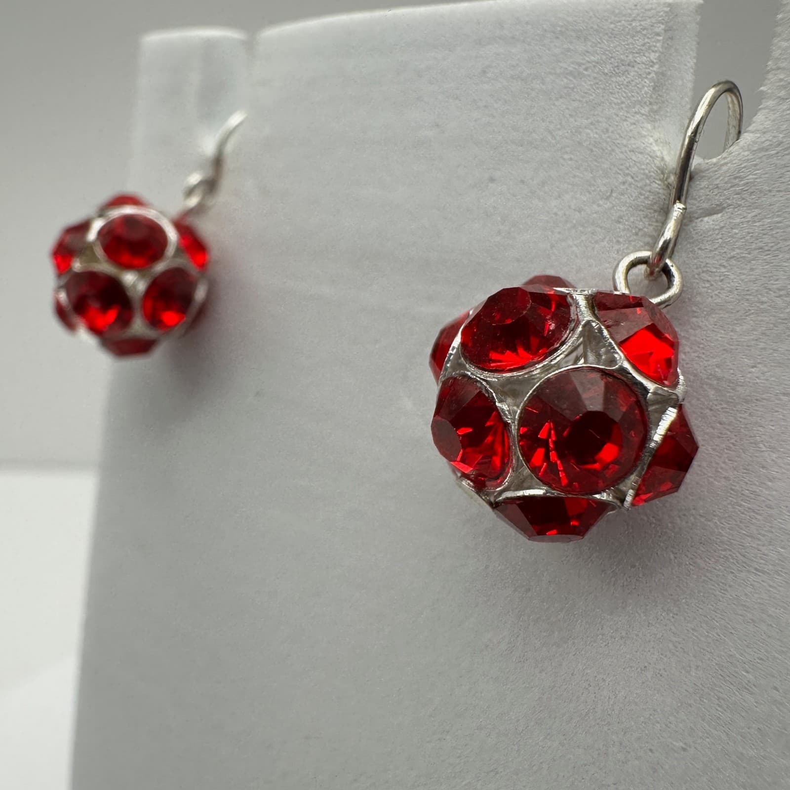 Vintage 90s Red Crystal Disco Ball Earrings Silver Tone Jewelry Hook Dangle - Thumbnail 4