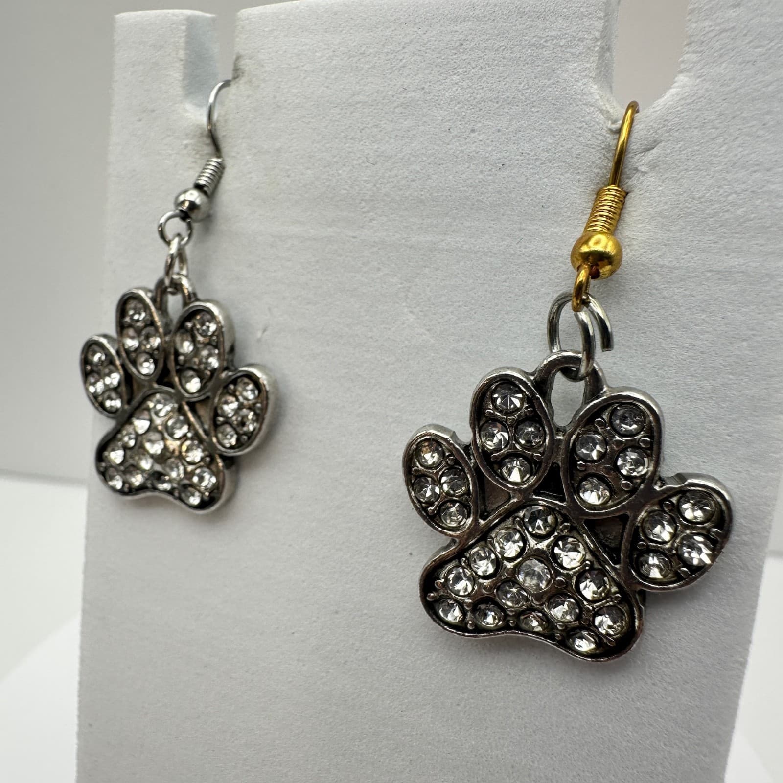 Vintage 90s Dog Paw Jewelry Silver Tone Crystal Animal Print Hook Earrings - Thumbnail 3