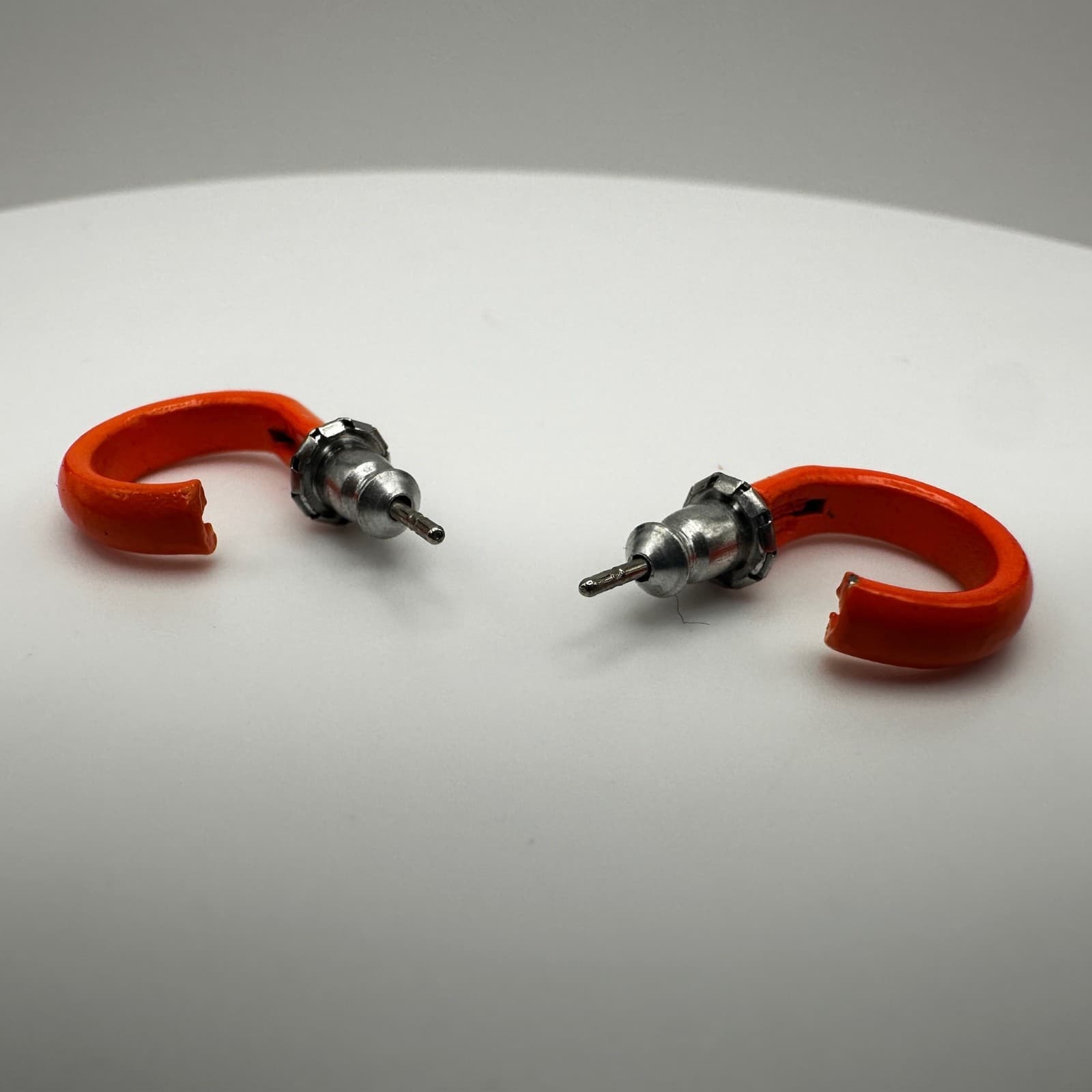 Vintage 90s Orange Enamel Hoop Earrings Silver Tone Fashion Retro Jewelry - Thumbnail 5