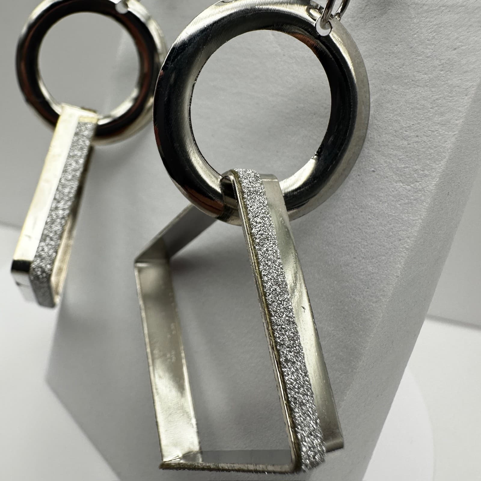 Vintage 90s Silver Tone Geometric Drop Dangle Earrings Textured Square Jewelry - Thumbnail 4