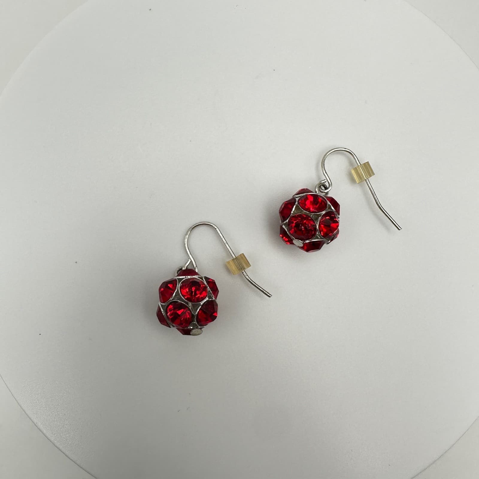 Vintage 90s Red Crystal Disco Ball Earrings Silver Tone Jewelry Hook Dangle - Thumbnail 6