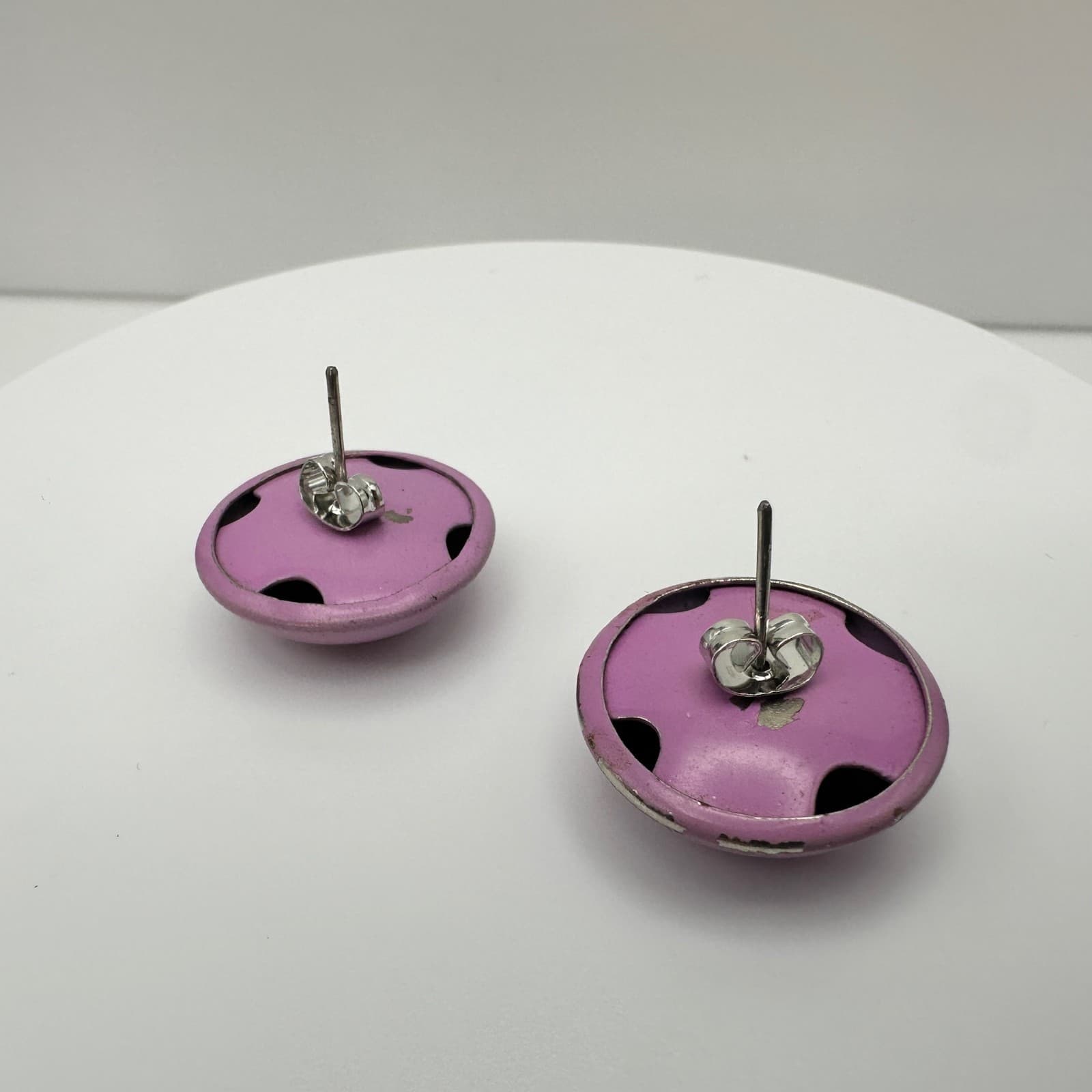 Vintage 80s Purple Enamel Button Earrings Large Round Stud Pink Lavender Jewelry - Thumbnail 6