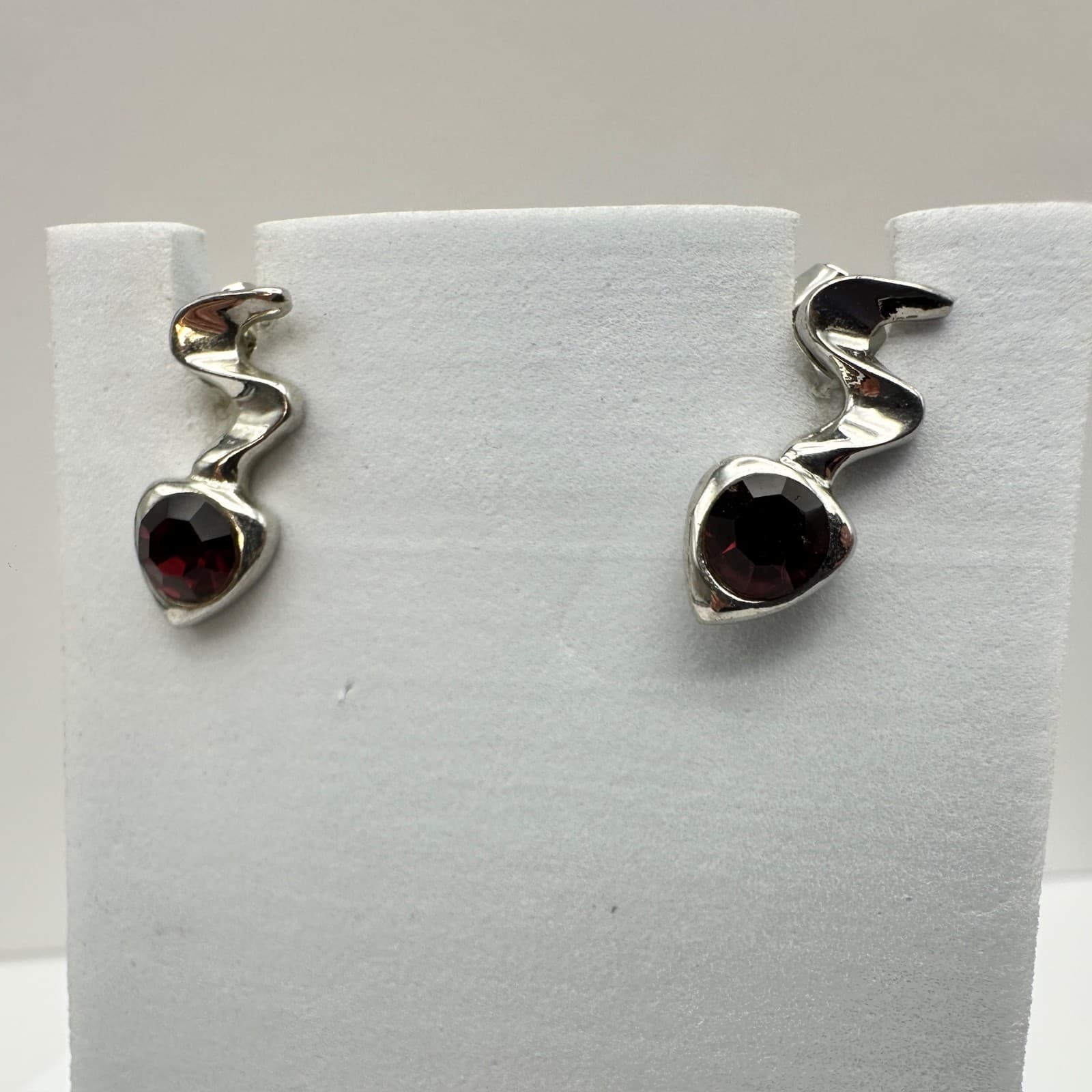 VTG 90s Silver Tone Red Crystal Squiggle Earrings Snake S Shape Stud Jewelry - Thumbnail 5