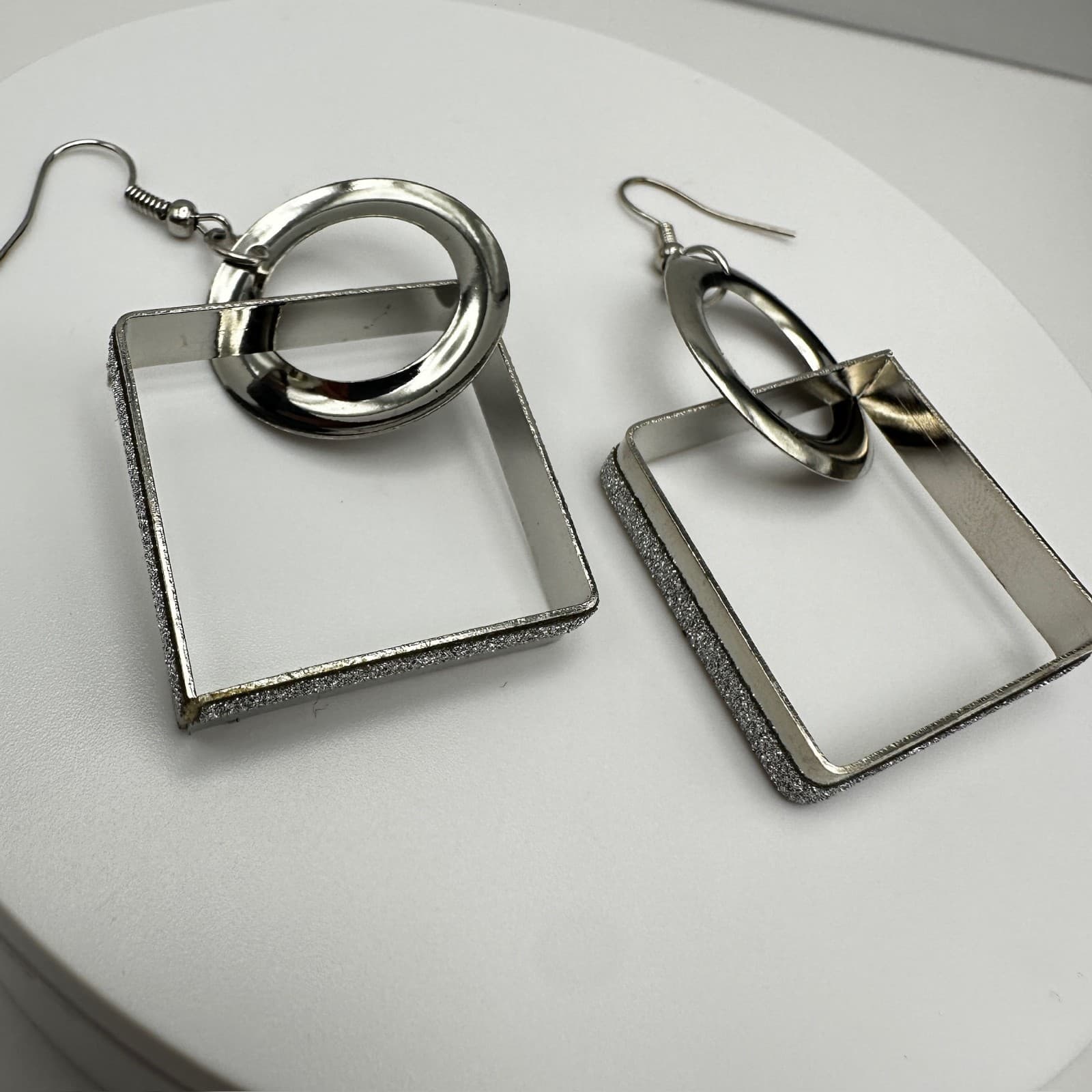 Vintage 90s Silver Tone Geometric Drop Dangle Earrings Textured Square Jewelry - Thumbnail 8