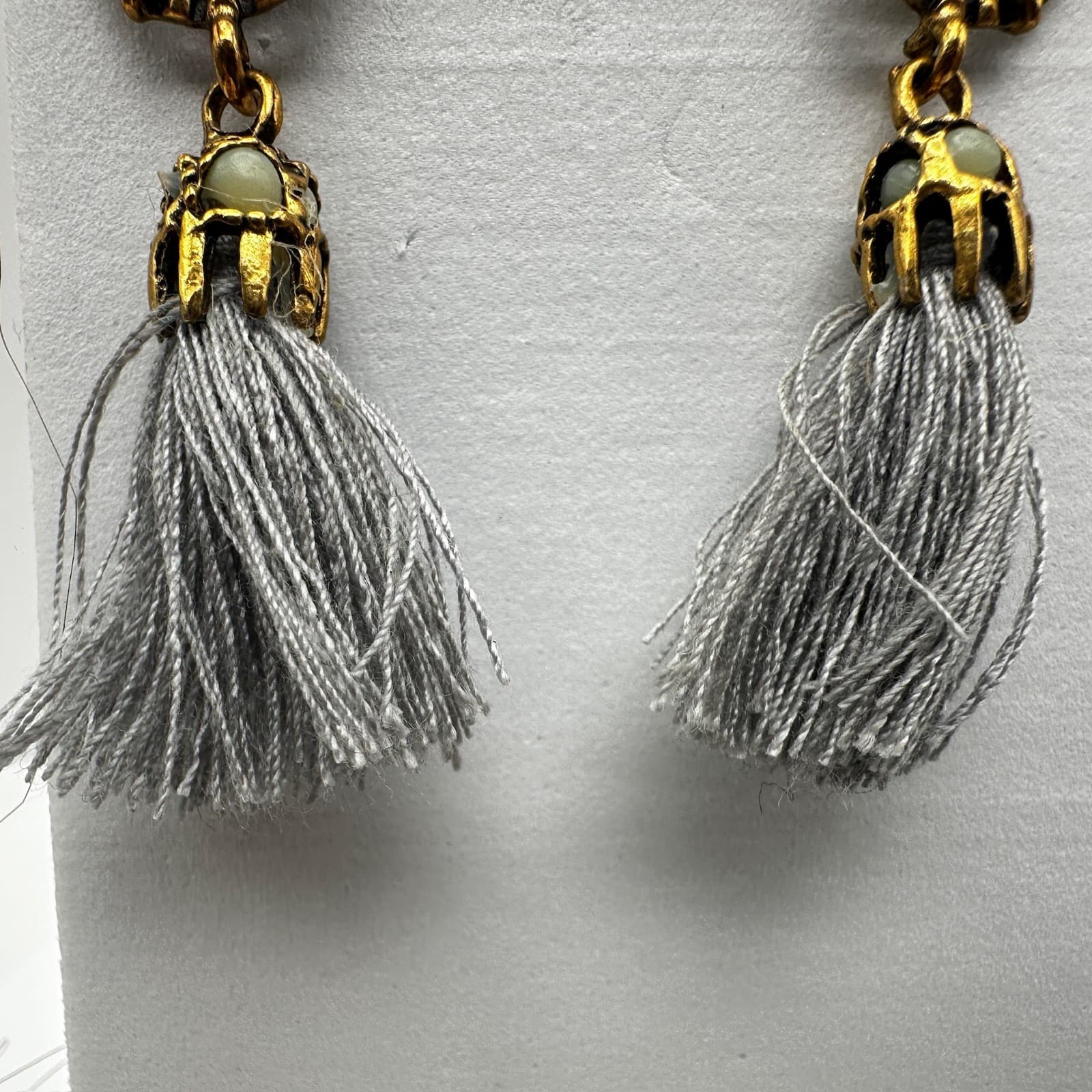 Vintage 90s Grey Tassel Gold Tone Earrings Rhinestone Dangle Fashion Jewelry - Thumbnail 4